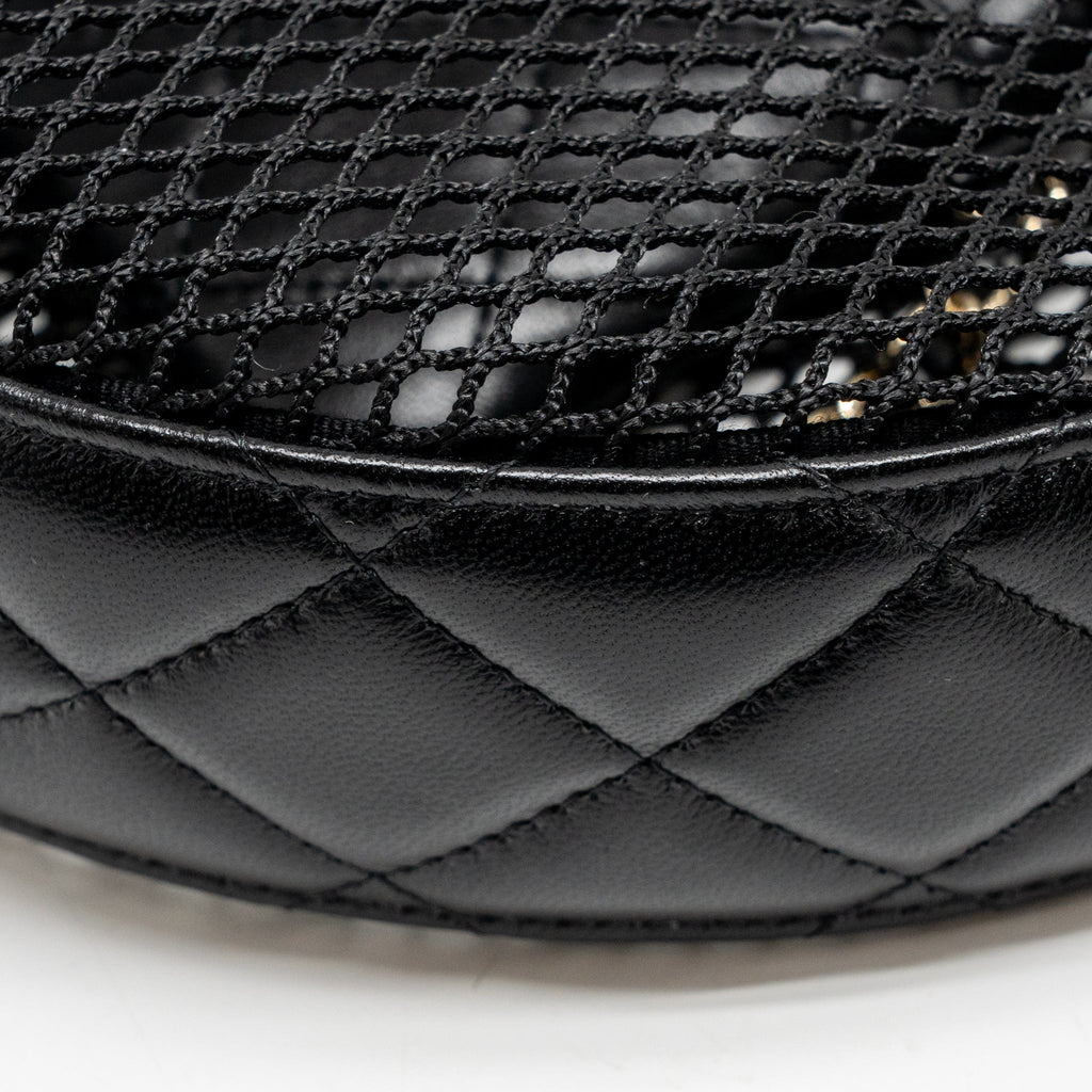 CHANEL 25S HALF MOON CLUTCH WITH CHAIN MESH/LAMBSKIN BLACK LGHW (MICROCHIP)