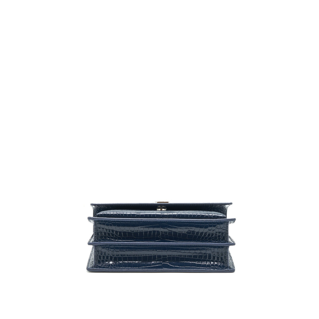 SAINT LAURENT MEDIUM SUNSET BAG CROC EMBOSSED CALFSKIN DARK BLUE SHW