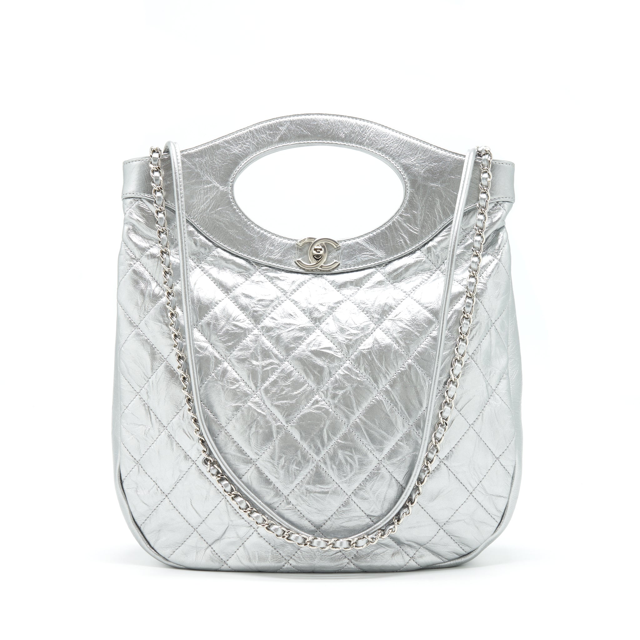 CHANEL SMALL 31 BAG QUILTED CRUMPLED CALFSKIN METALLIC SILVER SHW