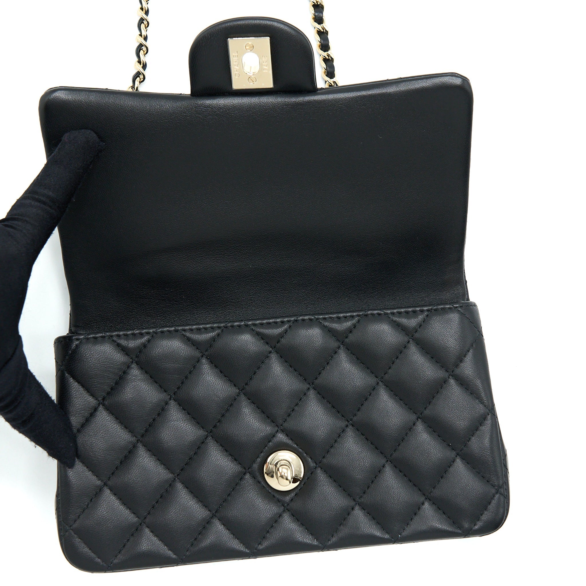CHANEL TOP HANDLE MINI RECTANGULAR FLAP BAG LAMBSKIN BLACK LGHW (MICROCHIP)