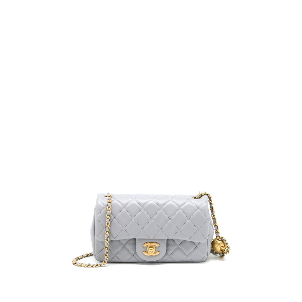CHANEL PEARL CRUSH MINI RECTANGULAR FLAP BAG LAMBSKIN LIGHT GREY BRUSHED GHW (MICROCHIP)