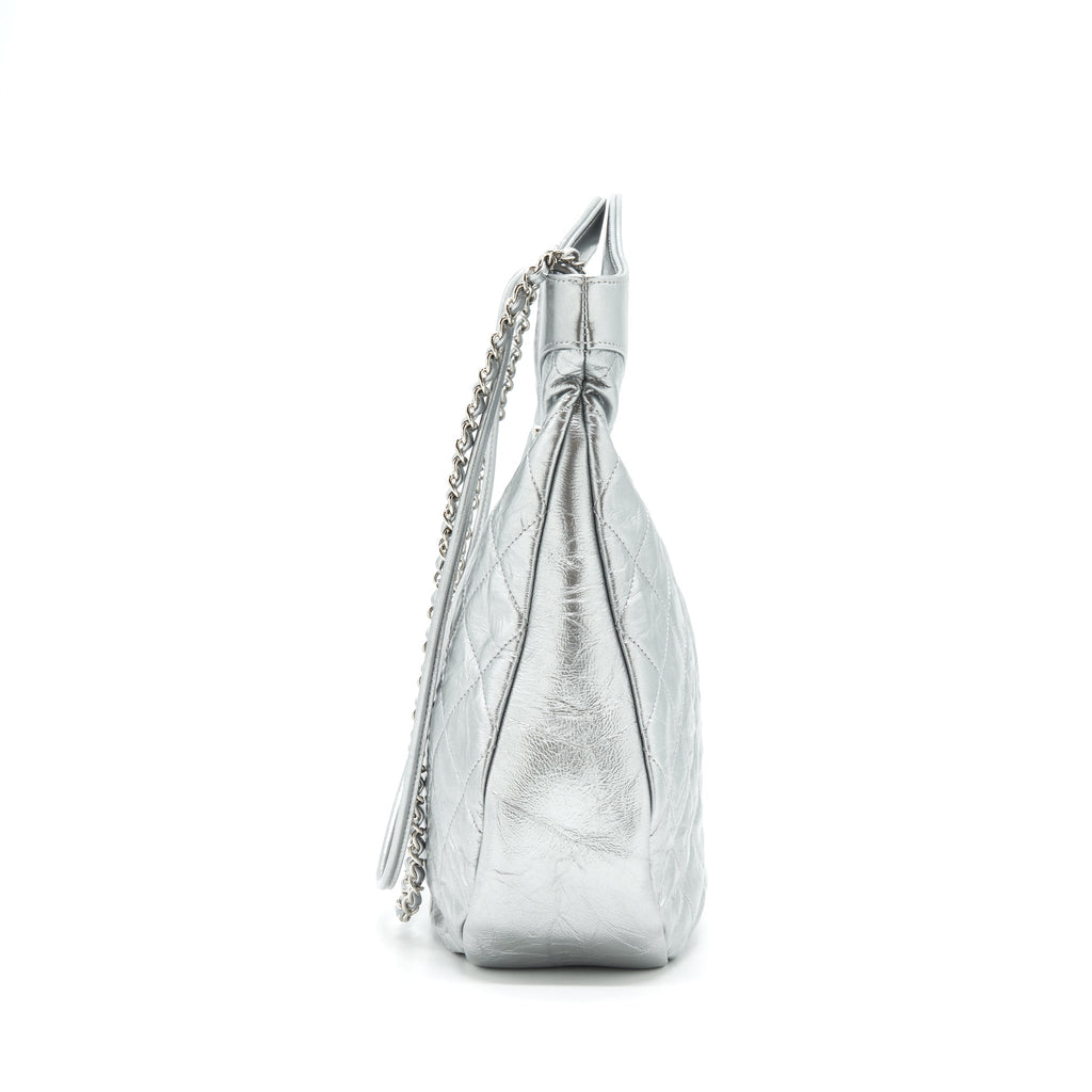 CHANEL SMALL 31 BAG QUILTED CRUMPLED CALFSKIN METALLIC SILVER SHW