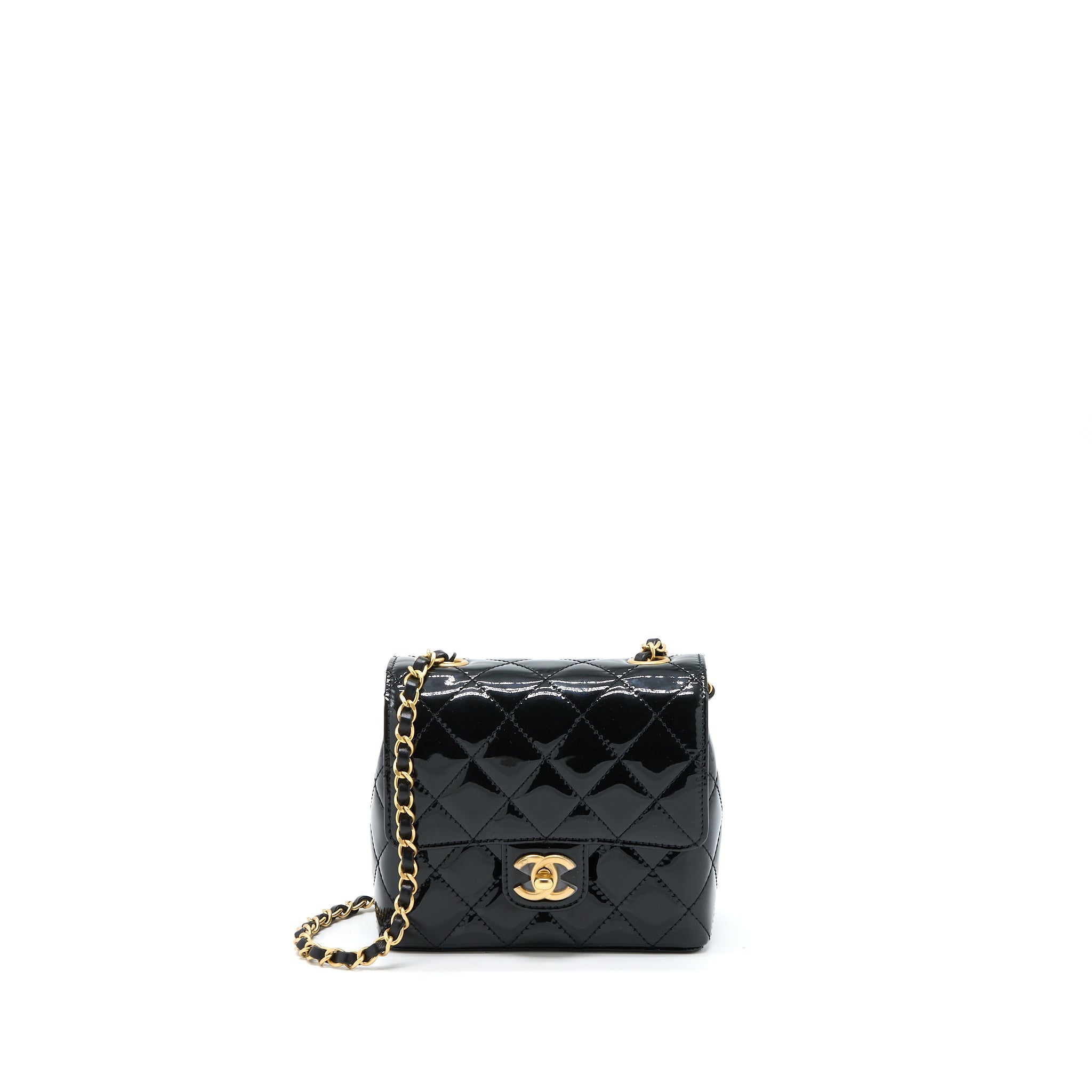 CHANEL 22K RETRO CLASSIC NEW SQUARE MINI FLAP BAG PATENT BLACK BRUSHED GHW (MICROCHIP)