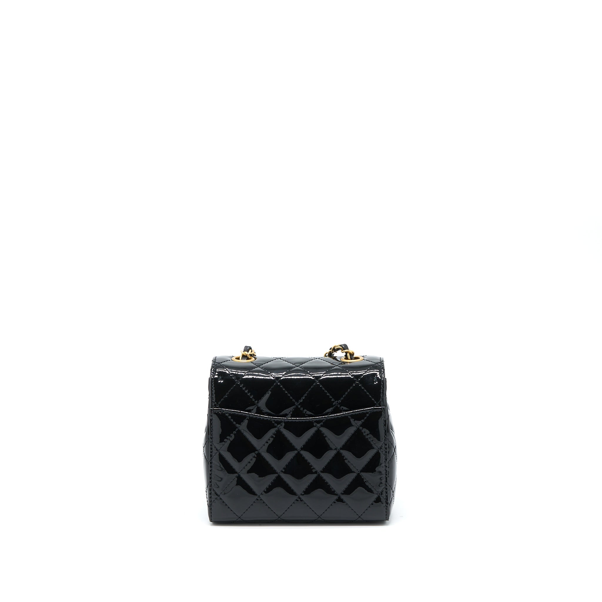 CHANEL 22K RETRO CLASSIC NEW SQUARE MINI FLAP BAG PATENT BLACK BRUSHED GHW (MICROCHIP)