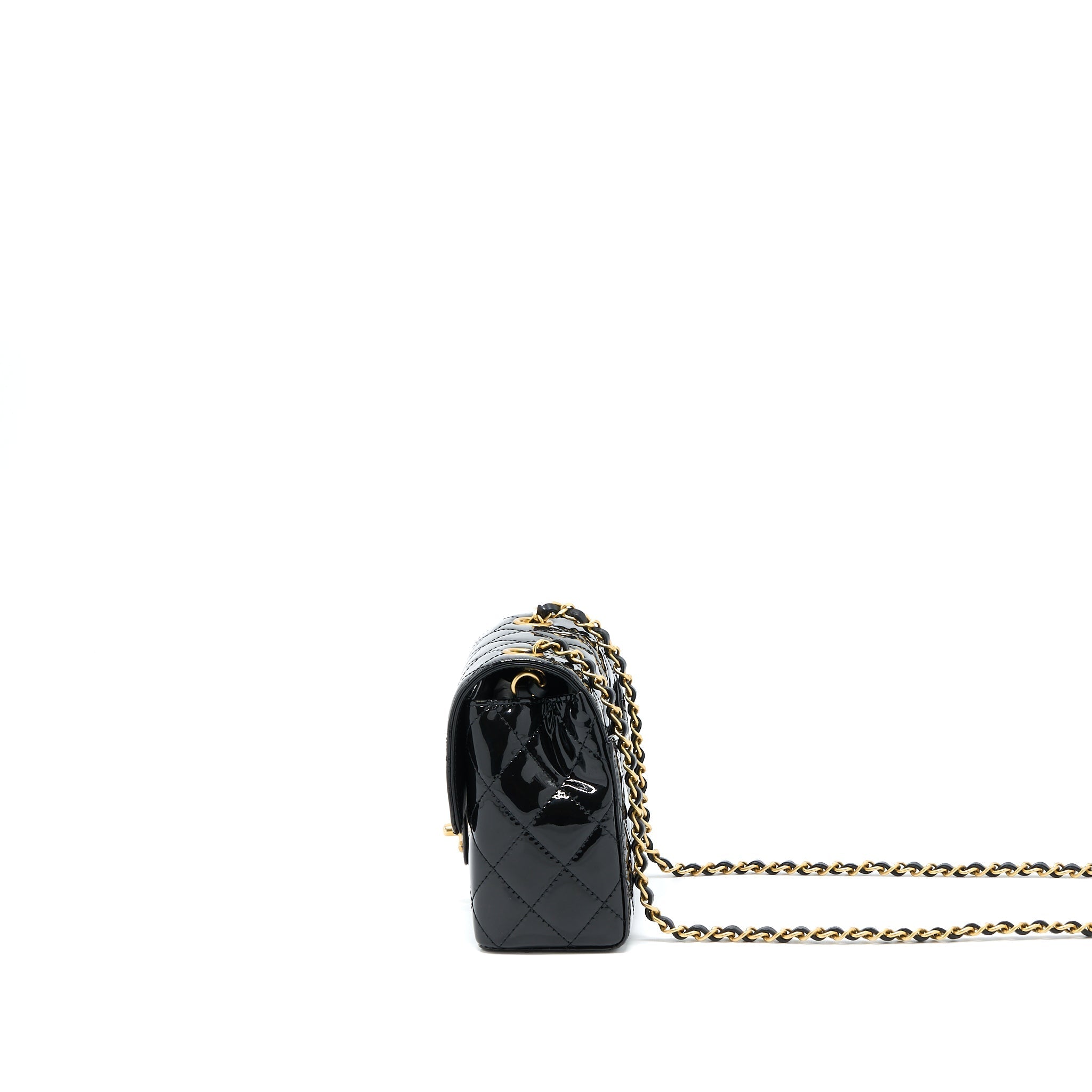 CHANEL 22K RETRO CLASSIC NEW SQUARE MINI FLAP BAG PATENT BLACK BRUSHED GHW (MICROCHIP)