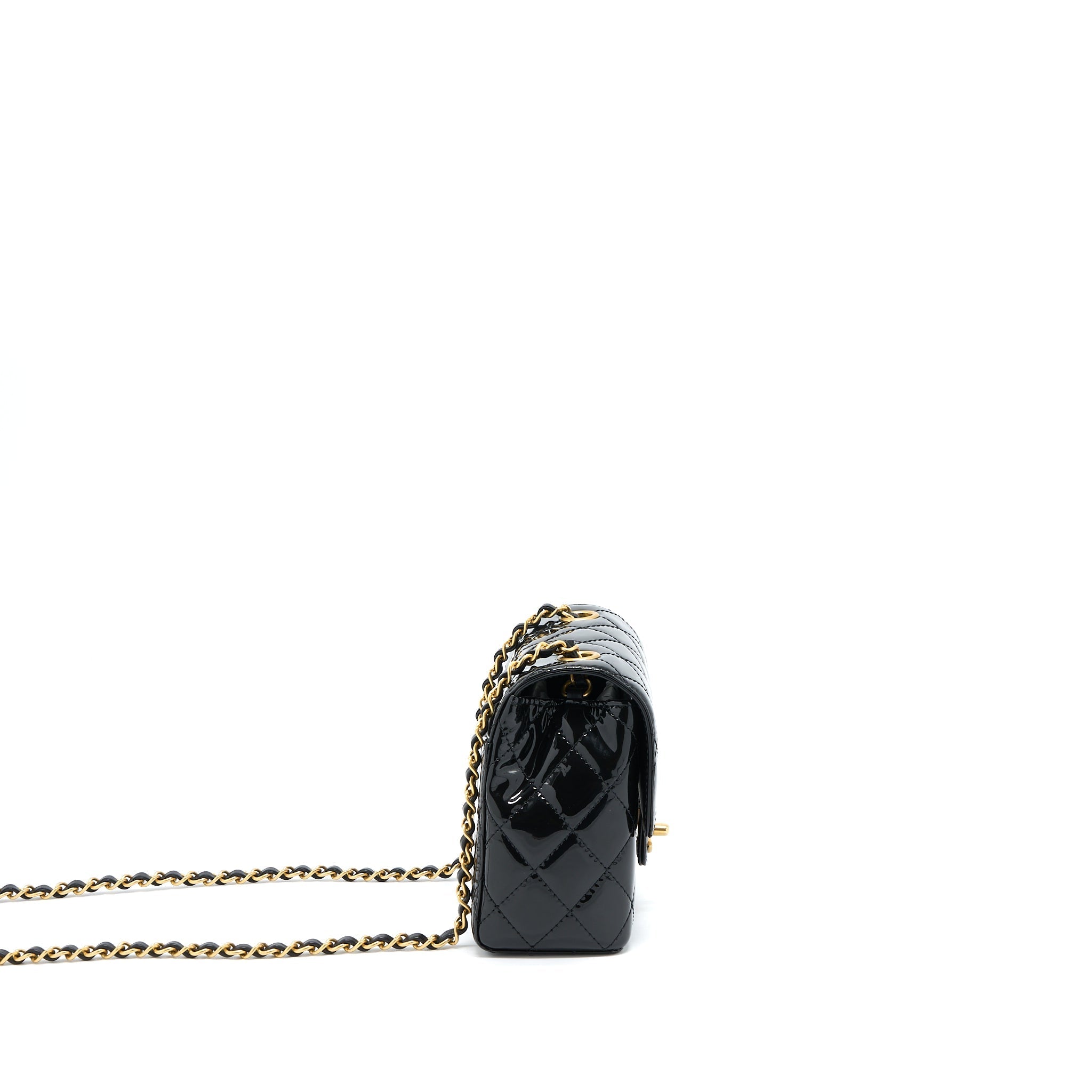 CHANEL 22K RETRO CLASSIC NEW SQUARE MINI FLAP BAG PATENT BLACK BRUSHED GHW (MICROCHIP)