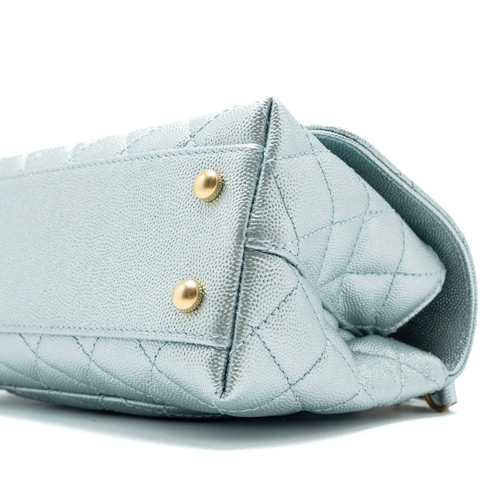 CHANEL SMALL COCO HANDLE CAVIAR METALLIC LIGHT BLUE BRUSHED GHW (MICROCHIP)