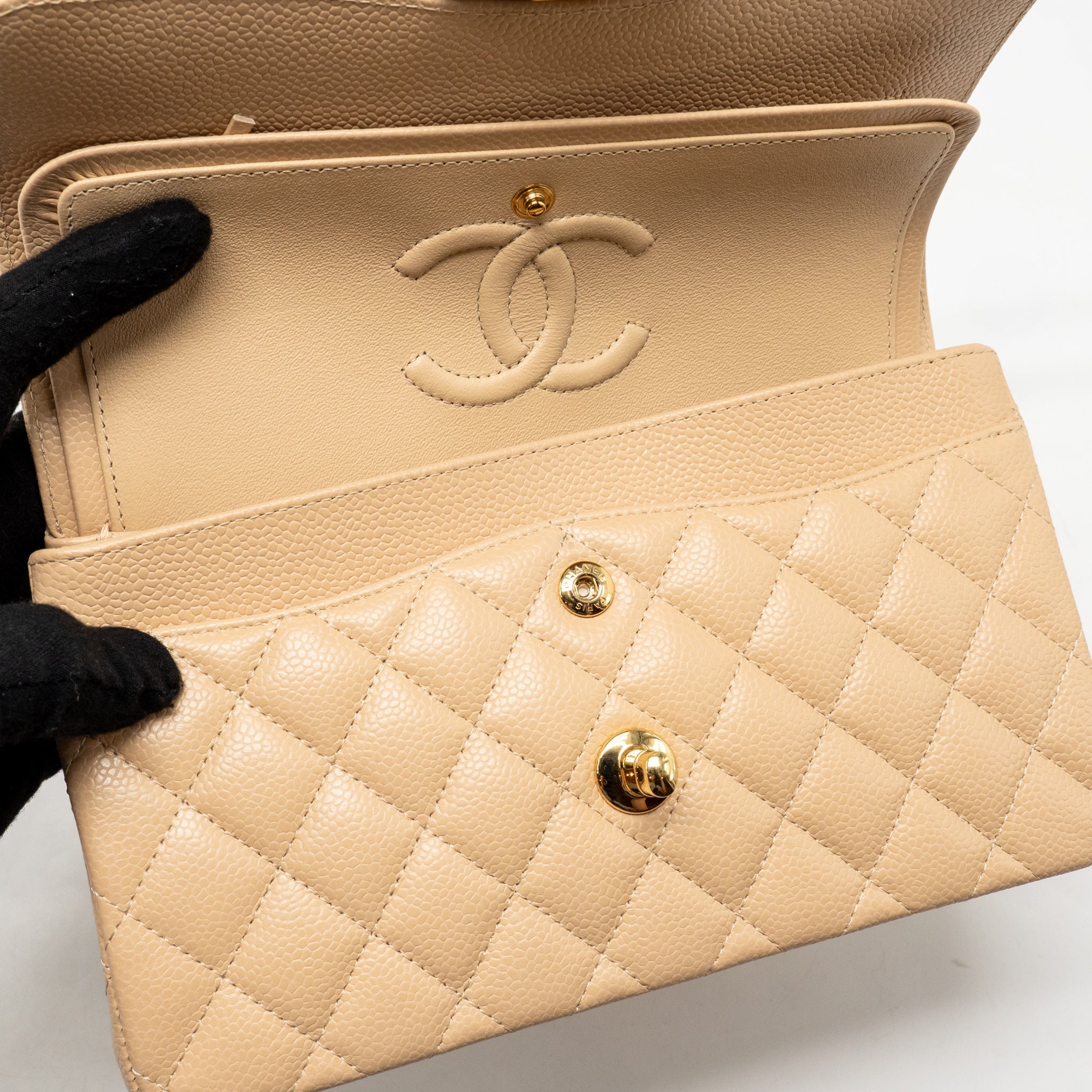 CHANEL SMALL CLASSIC DOUBLE FLAP BAG CAVIAR BEIGE GHW