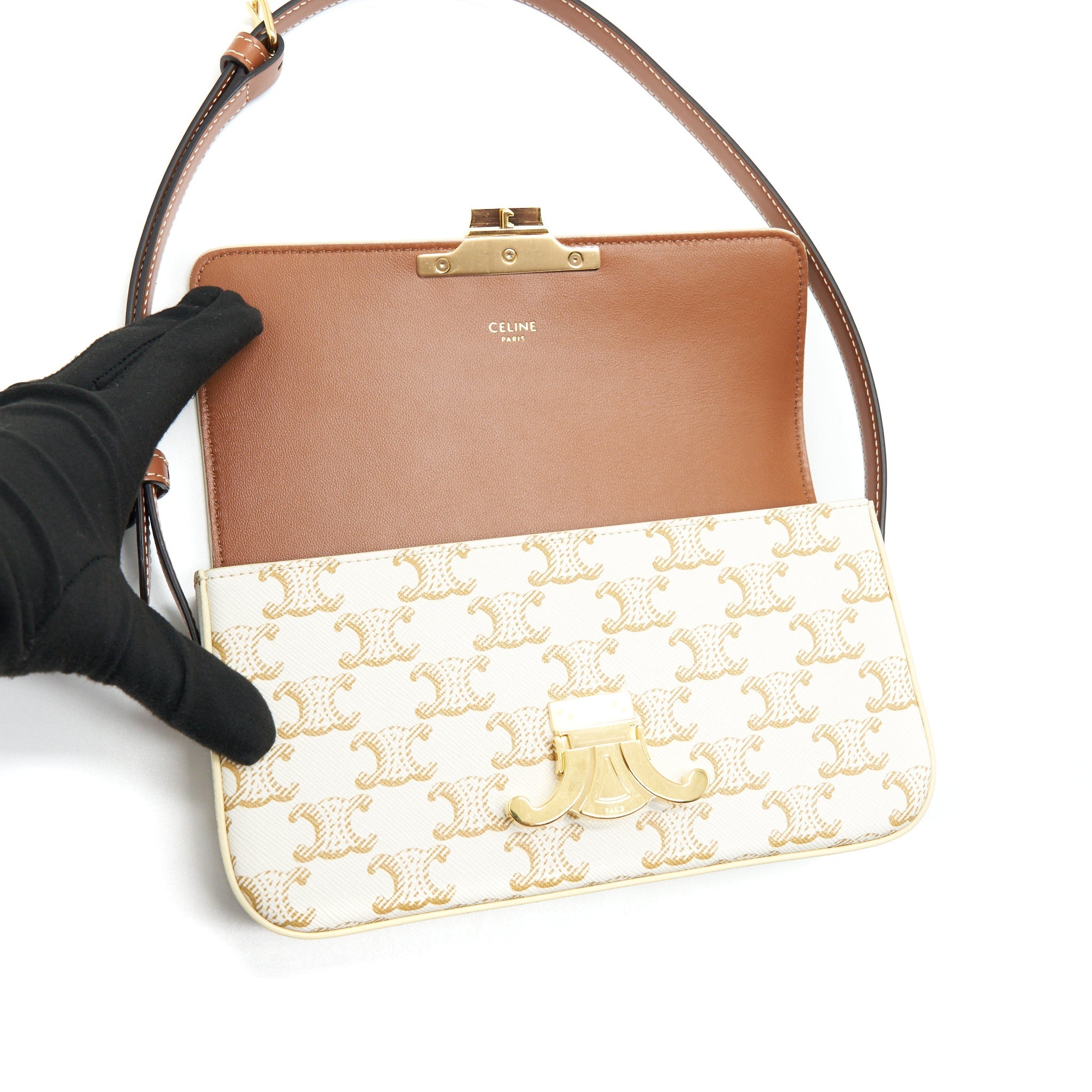 CELINE TRIOMPHE SHOULDER BAG IN TRIOMPHE CANVAS AND CALFSKIN WHITE