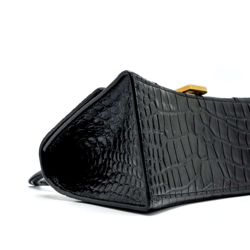 BALENCIAGA SMALL HOURGLASS BAG CROC-EMBOSSED CALFSKIN BLACK GHW