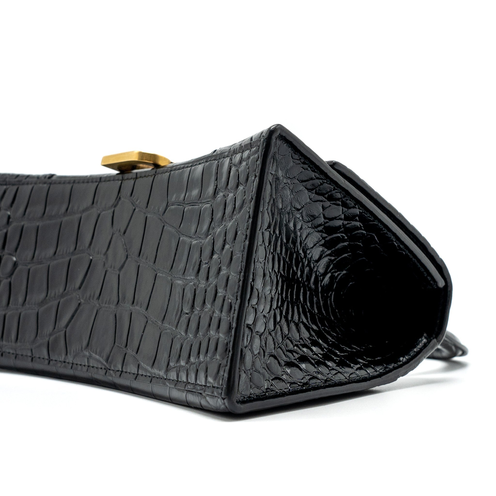 BALENCIAGA SMALL HOURGLASS BAG CROC-EMBOSSED CALFSKIN BLACK GHW