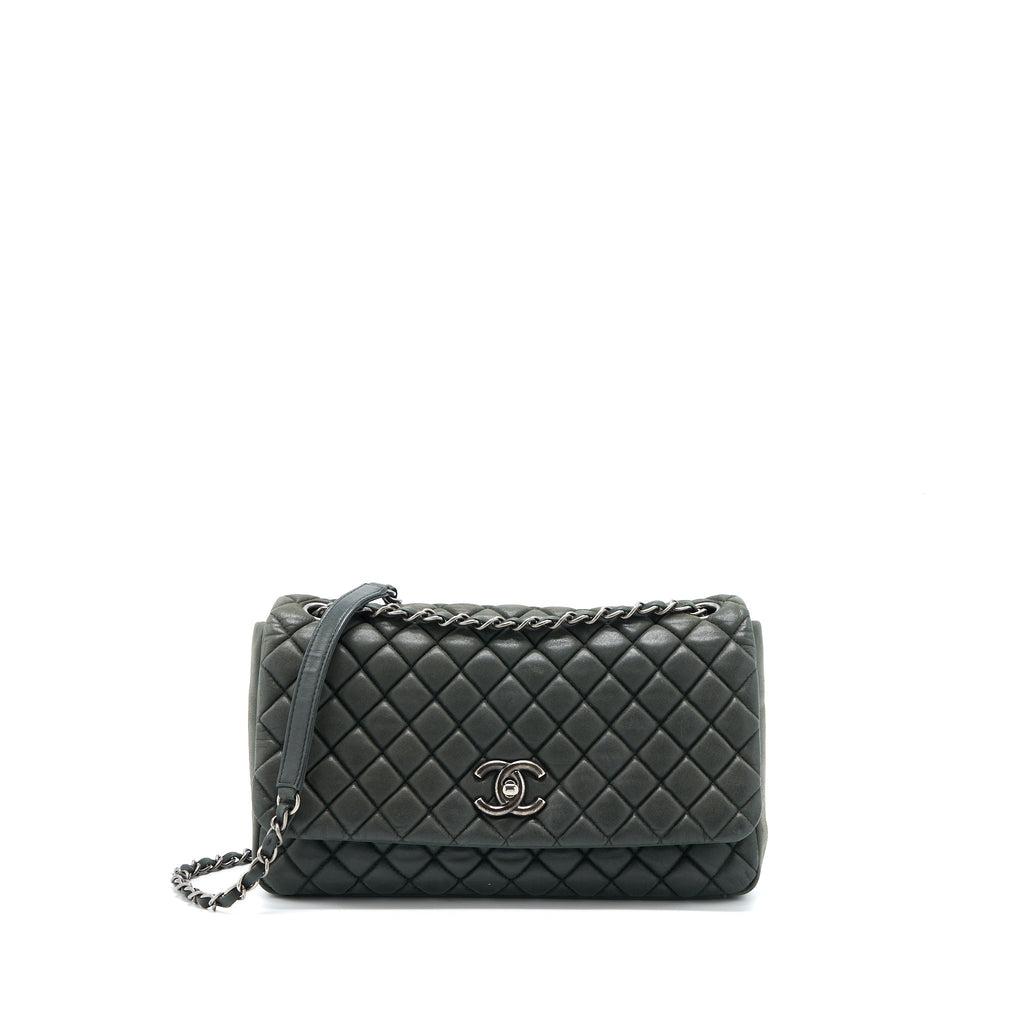 CHANEL QUILTED FLAP BAG IRIDESCENT CALFSKIN DARK GREEN RUTHENIUM SHW