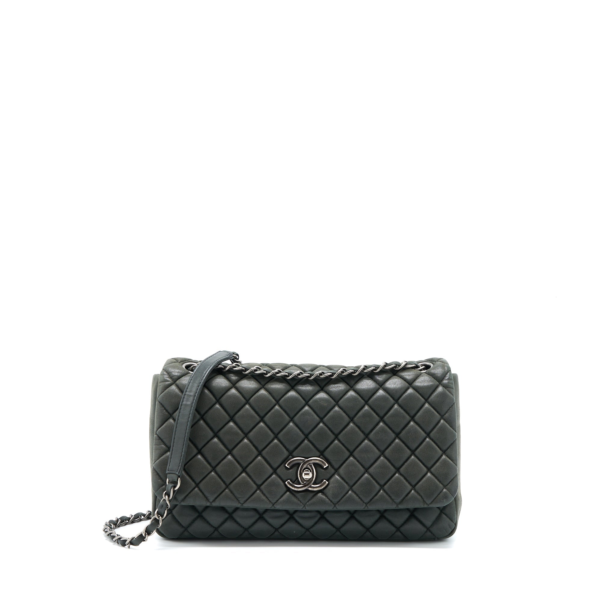 CHANEL QUILTED FLAP BAG IRIDESCENT CALFSKIN DARK GREEN RUTHENIUM SHW
