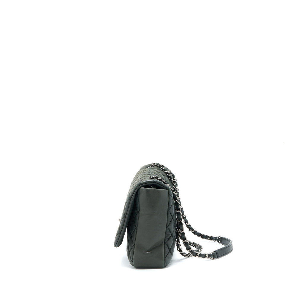 CHANEL QUILTED FLAP BAG IRIDESCENT CALFSKIN DARK GREEN RUTHENIUM SHW
