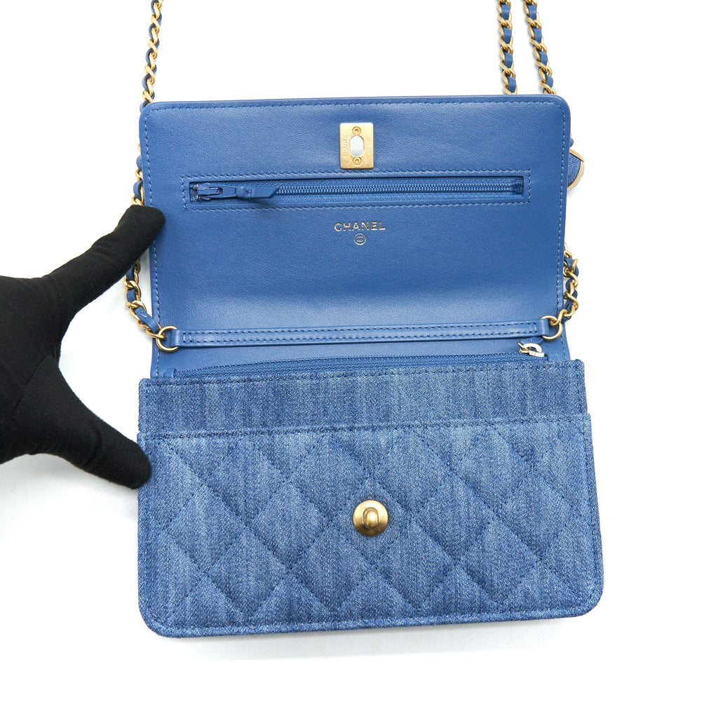 CHANEL 22C PEARL CRUSH  WALLET ON CHAIN DENIM GHW