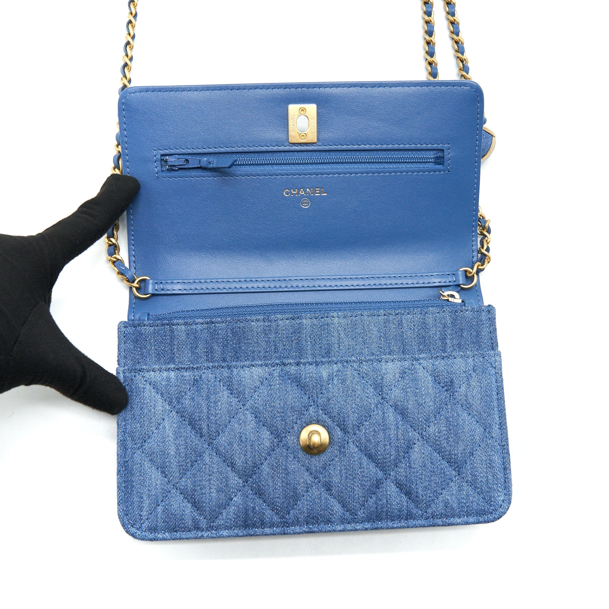 CHANEL 22C PEARL CRUSH  WALLET ON CHAIN DENIM GHW