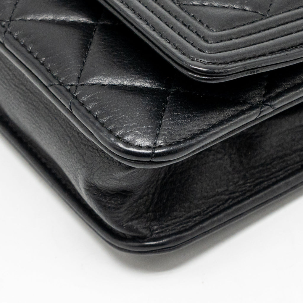 CHANEL BOY WALLET ON CHAIN CALFSKIN BLACK WITH BLACK HARDWARE