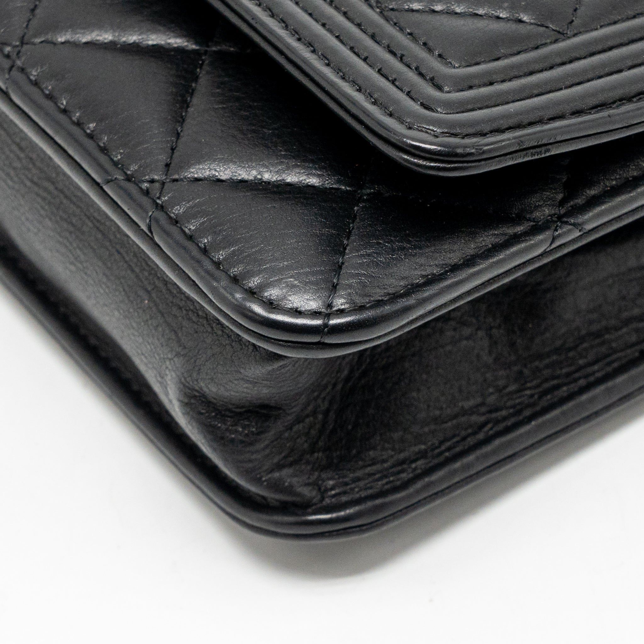 CHANEL BOY WALLET ON CHAIN CALFSKIN BLACK WITH BLACK HARDWARE