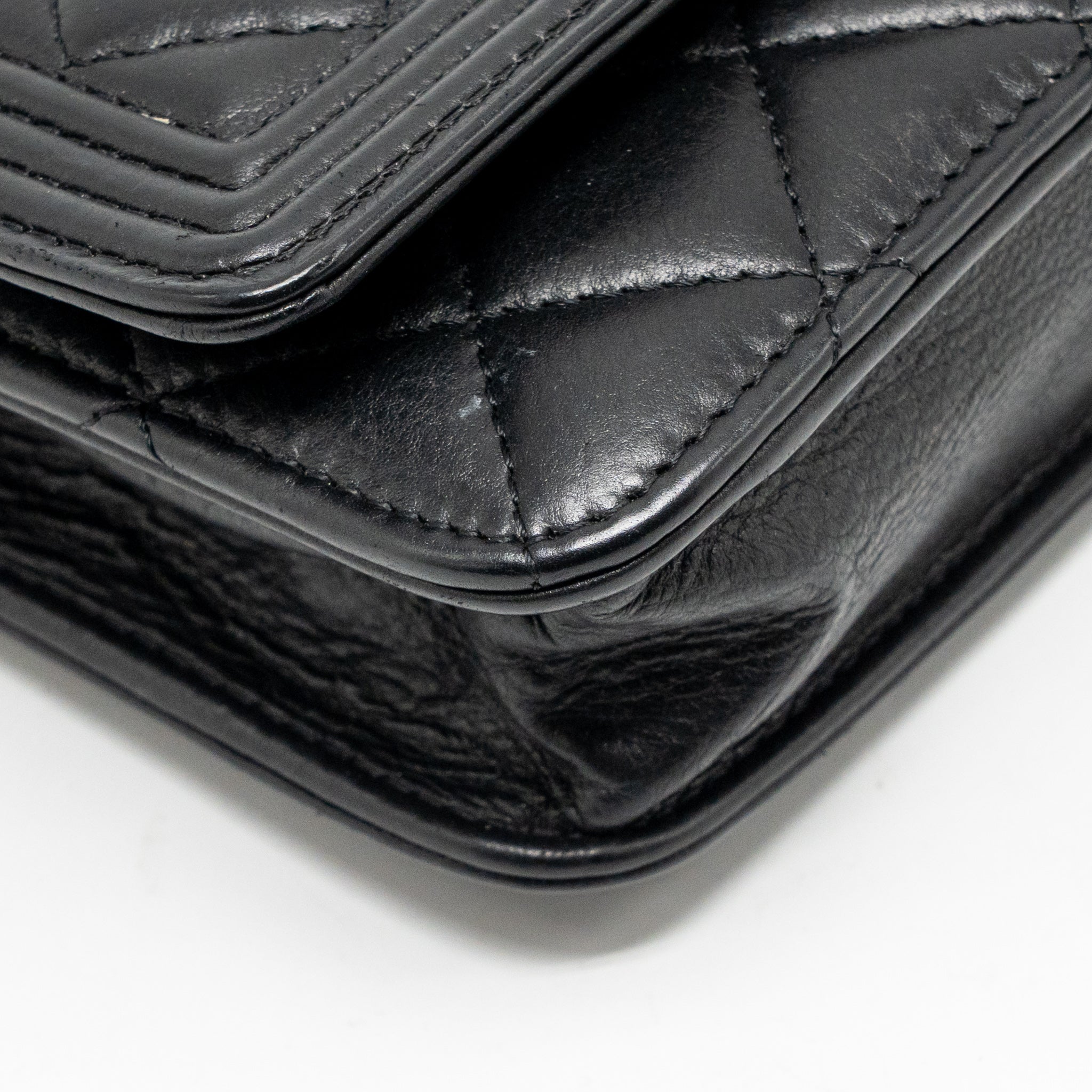 CHANEL BOY WALLET ON CHAIN CALFSKIN BLACK WITH BLACK HARDWARE