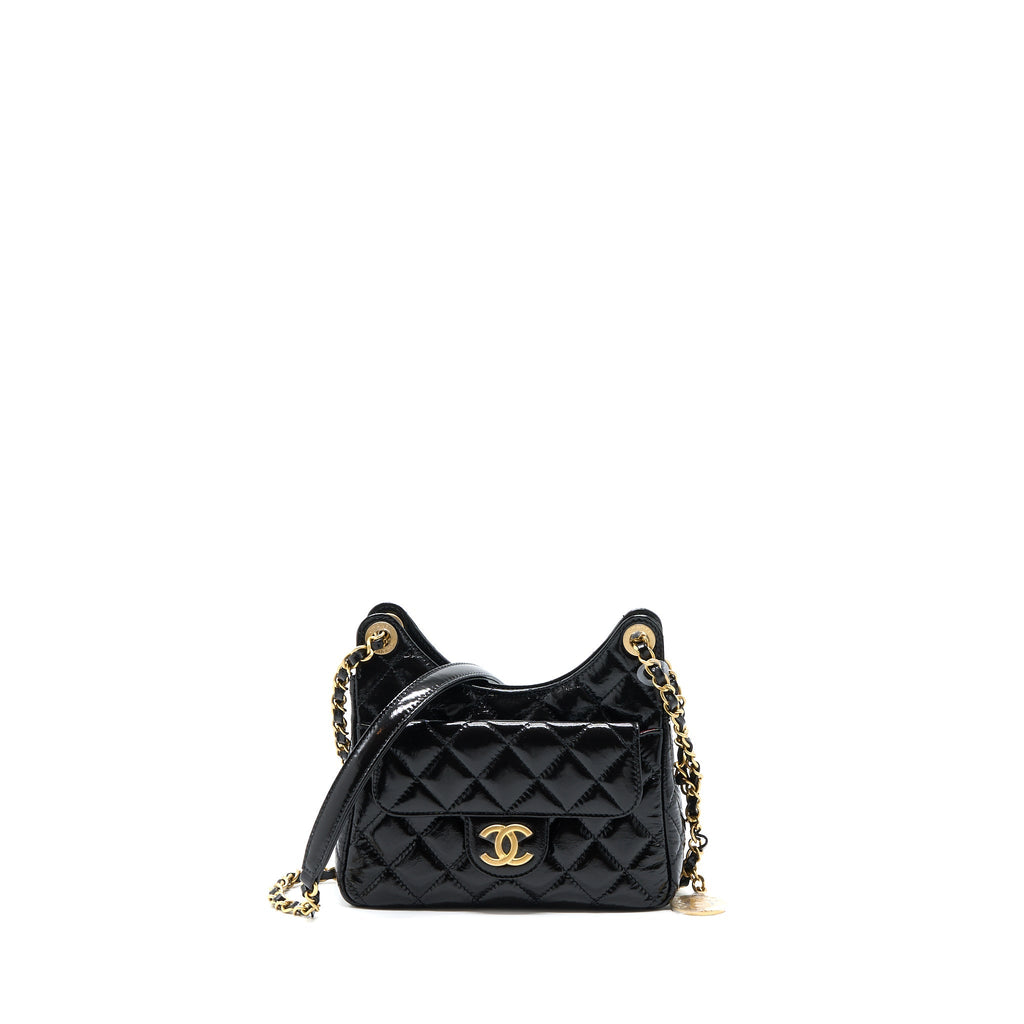 CHANEL 23C SMALL HOBO BAG SHINY CALFSKIN BLACK BRUSHED GHW (MICROCHIP)