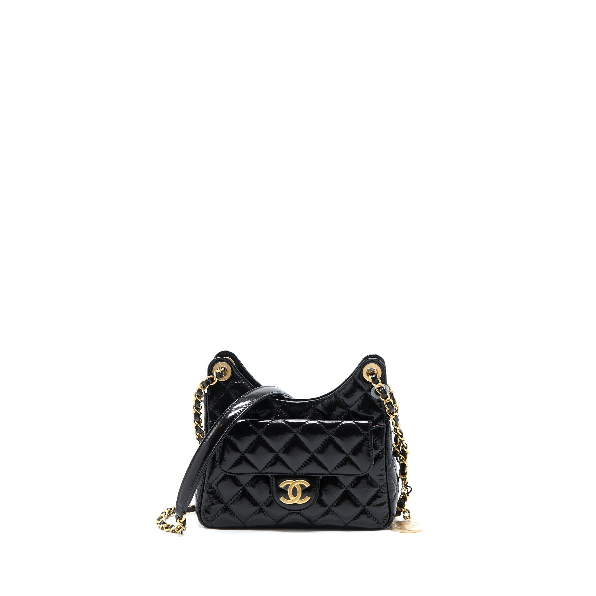 CHANEL 23C SMALL HOBO BAG SHINY CALFSKIN BLACK BRUSHED GHW (MICROCHIP)