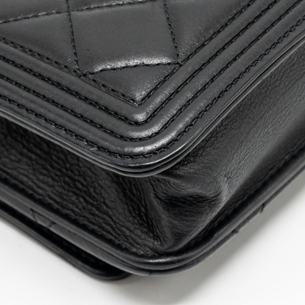 CHANEL BOY WALLET ON CHAIN CALFSKIN BLACK WITH BLACK HARDWARE