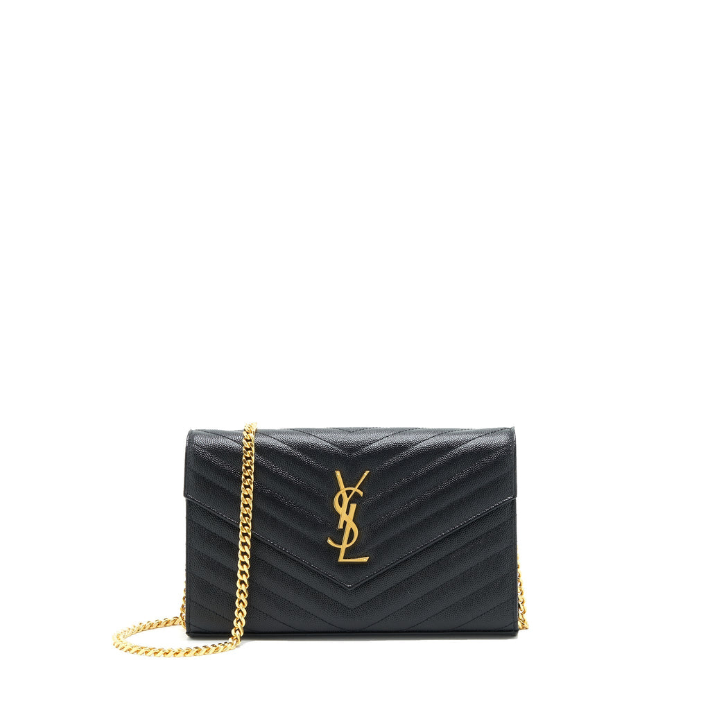 SAINT LAURENT ENVELOPE CHAIN CROSSBODY BAG GRAINED CALFSKIN BLACK GHW