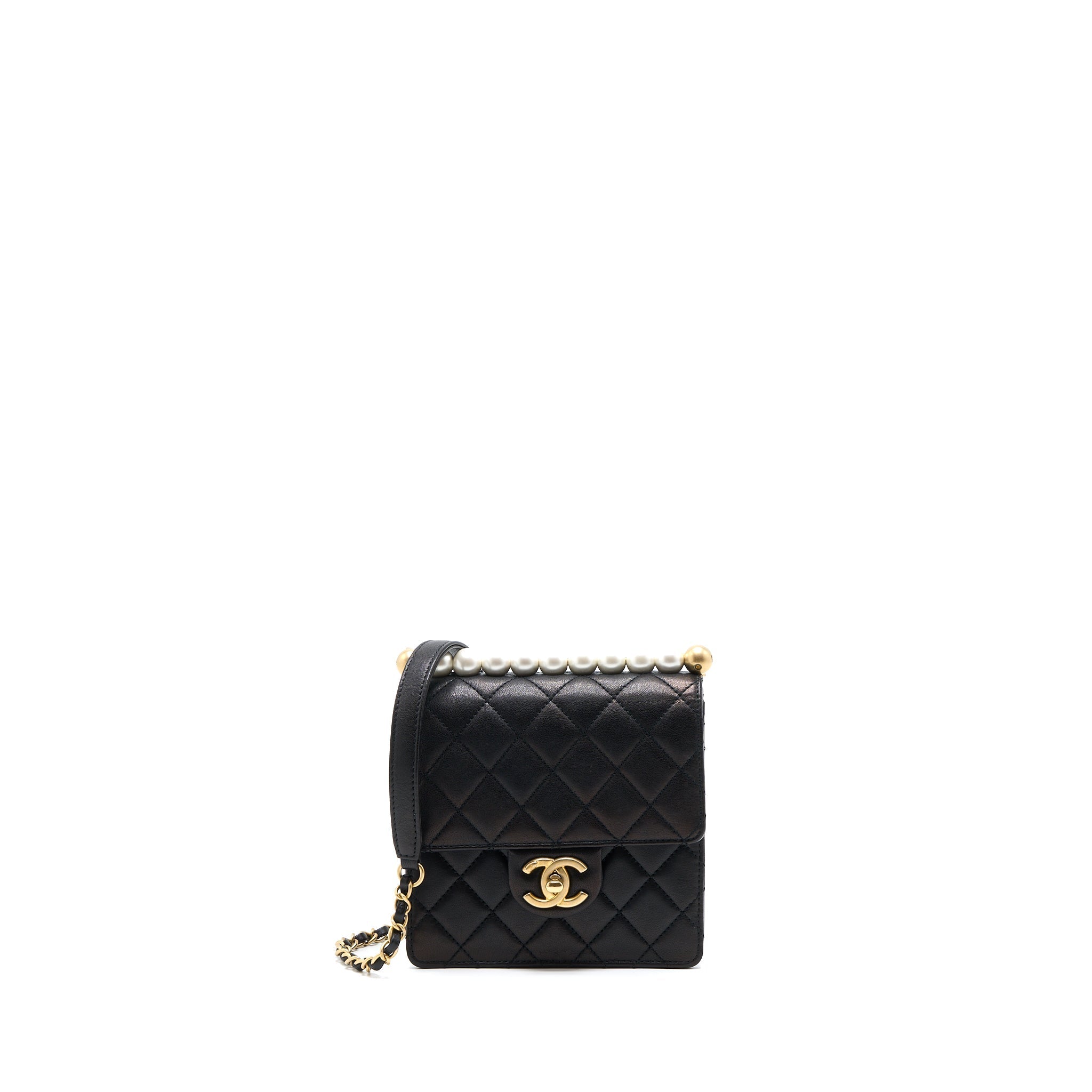 CHANEL VERTICAL PEARL FLAP BAG GOATSKIN BLACK BRUSHED GHW