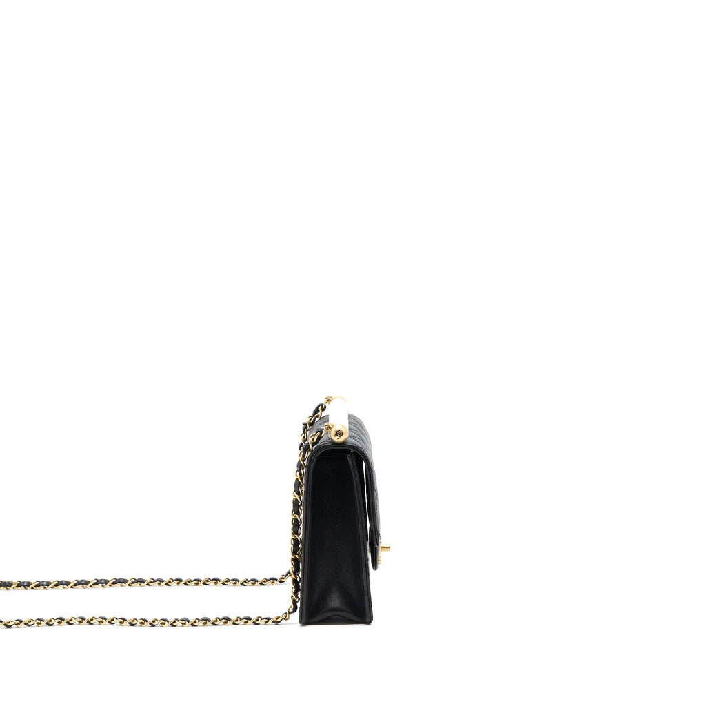 CHANEL VERTICAL PEARL FLAP BAG GOATSKIN BLACK BRUSHED GHW