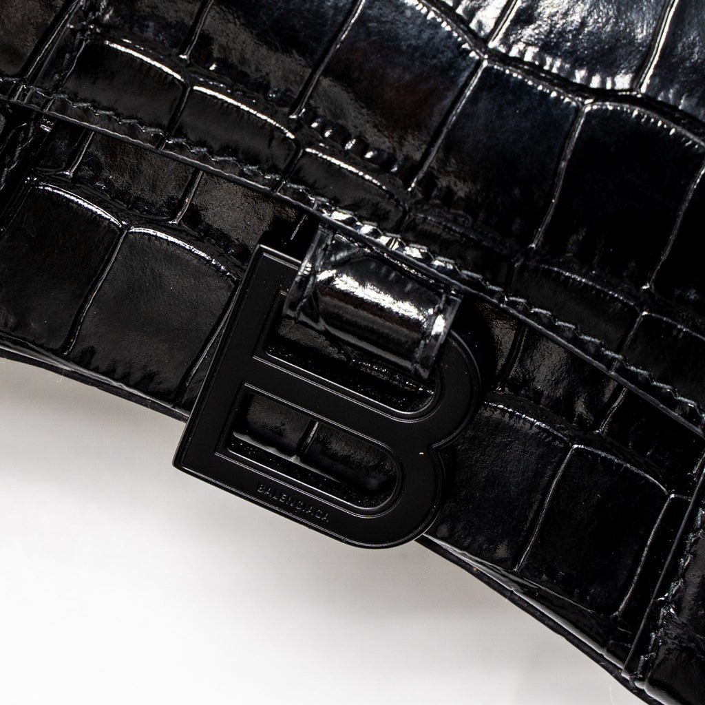 BALENCIAGA HOURGLASS XS CROC-EMBOSSED CALFSKIN SO BLACK