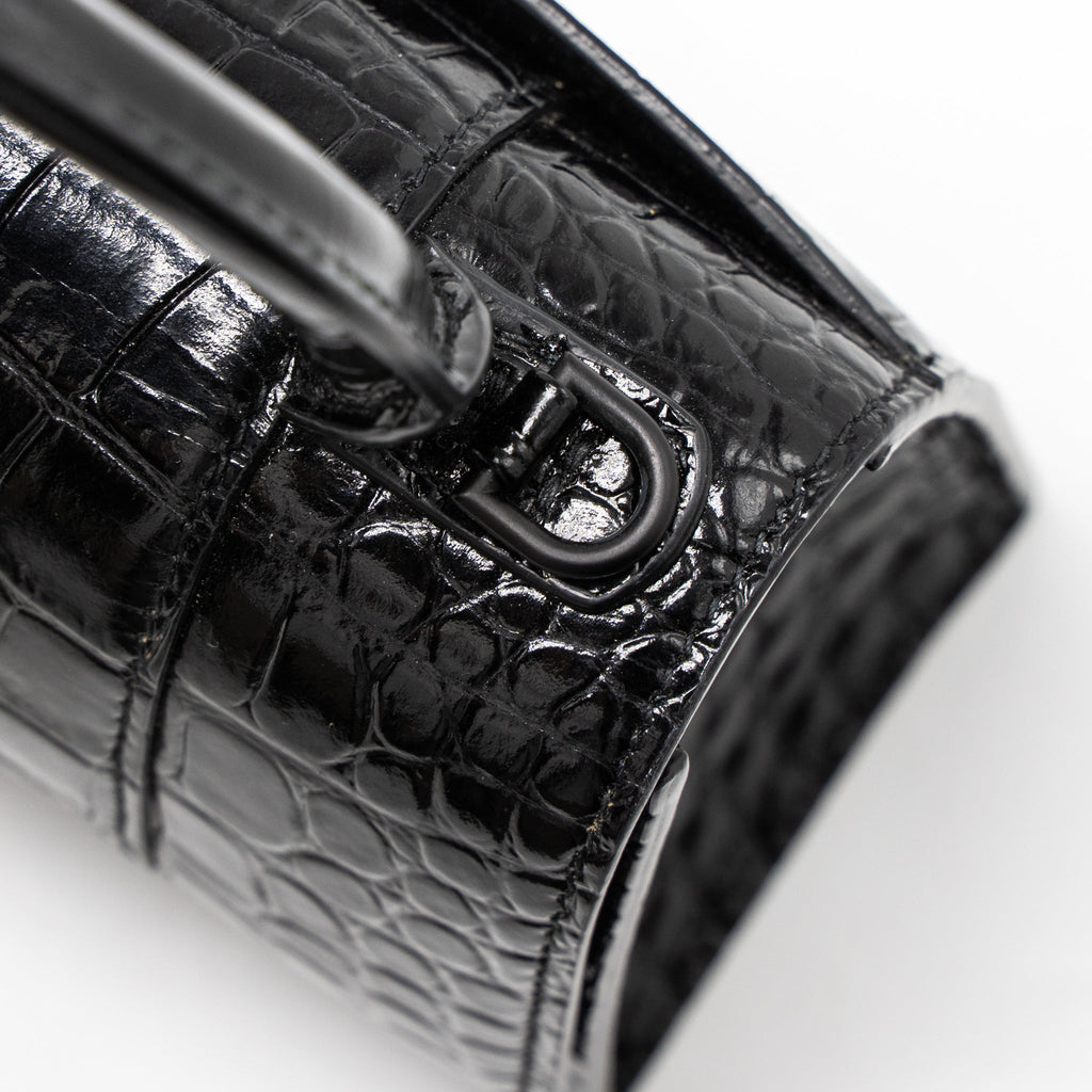 BALENCIAGA HOURGLASS XS CROC-EMBOSSED CALFSKIN SO BLACK