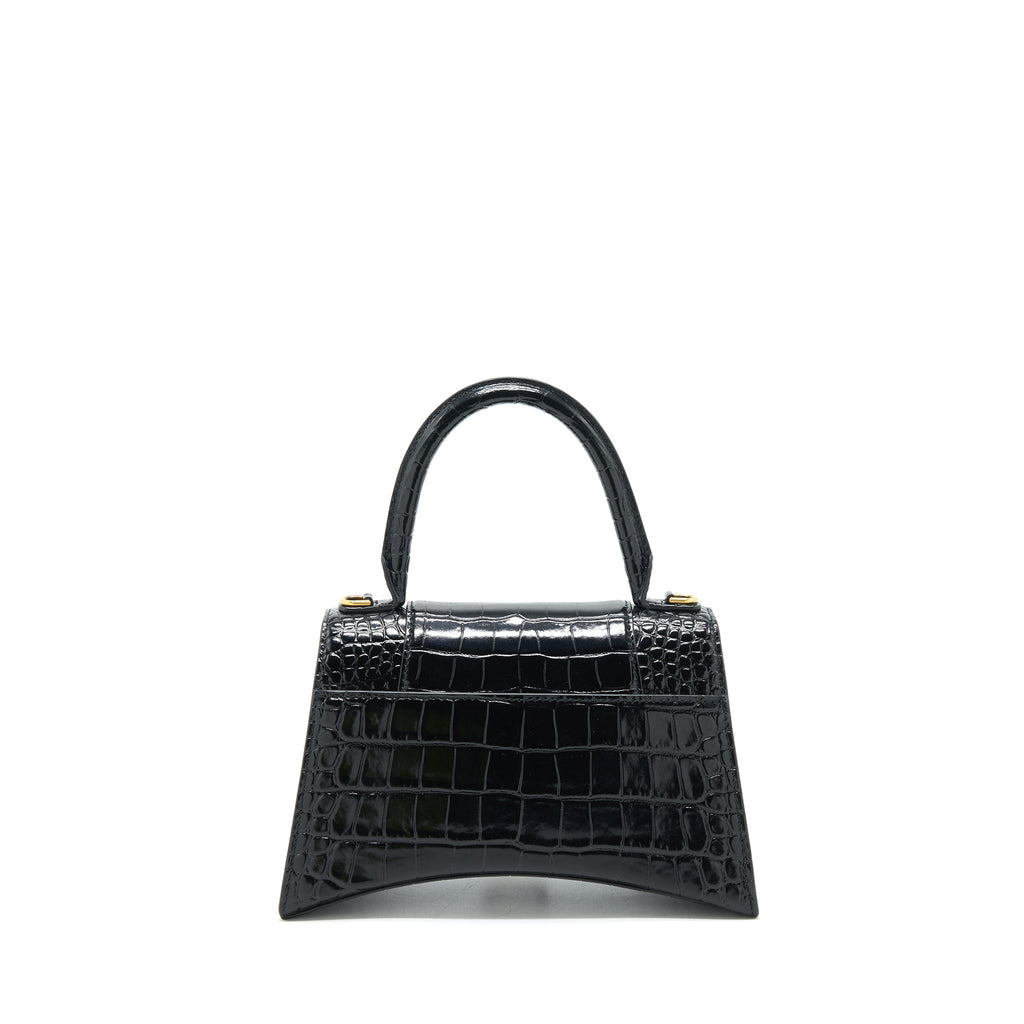 BALENCIAGA HOURGLASS S CROC EMBOSSED LEATHER HANDBAG BLACK GHW