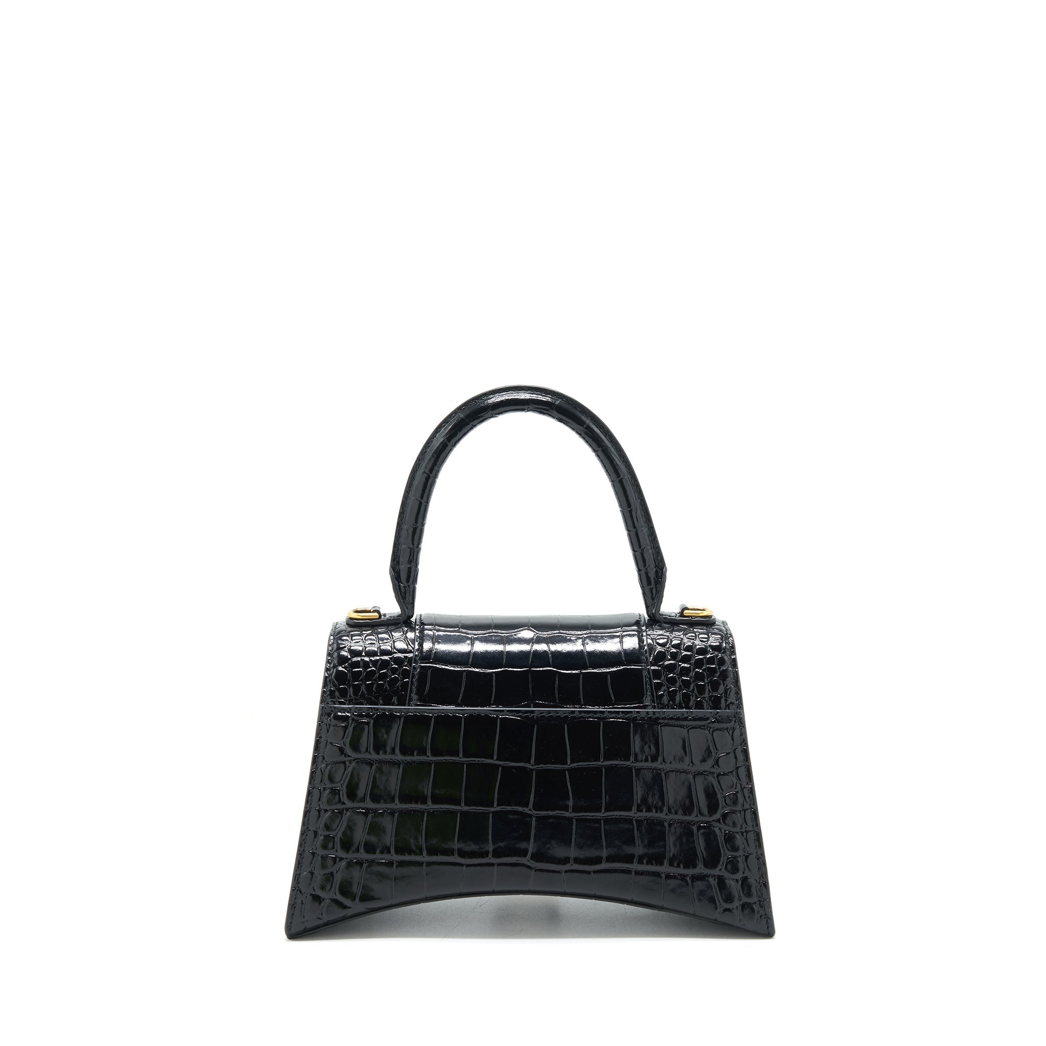 BALENCIAGA HOURGLASS S CROC EMBOSSED LEATHER HANDBAG BLACK GHW