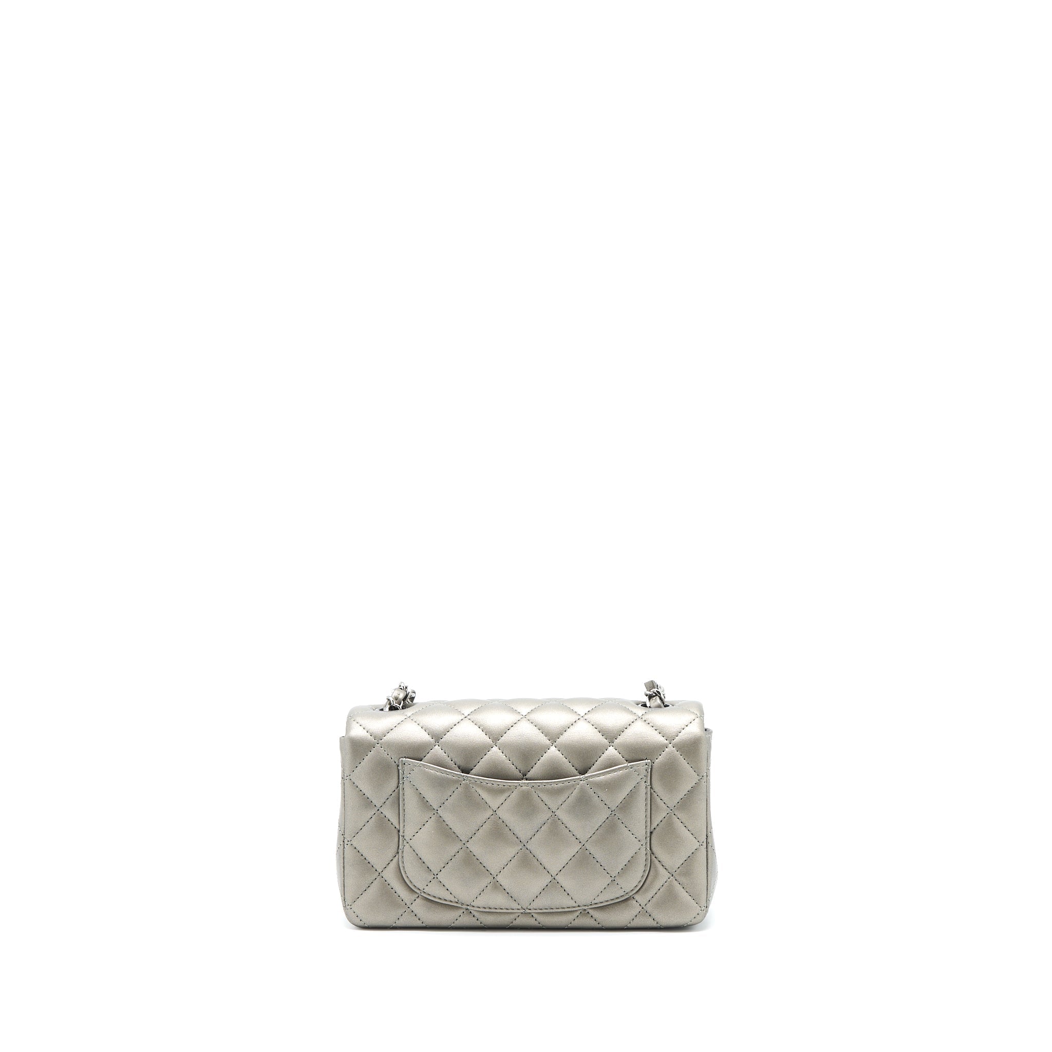 CHANEL 21B MINI RECTANGULAR FLAP BAG CALFSKIN METALLIC SILVER WITH SHINY RUTHENIUM HARDWARE (MICROCHIP)