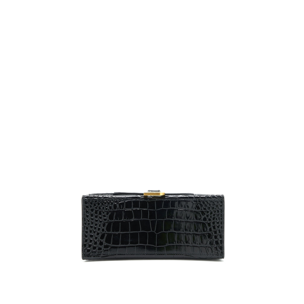 BALENCIAGA HOURGLASS S CROC EMBOSSED LEATHER HANDBAG BLACK GHW