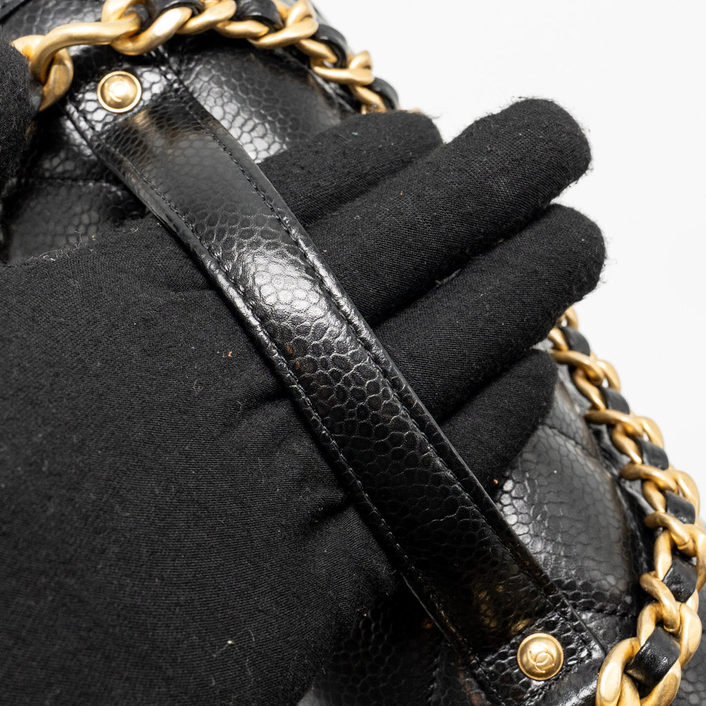 CHANEL TOP HANDLE QUILTED CC FLAP BAG GRAINED SHINY CALFSKIN BLACK GHW (MICROCHIP)