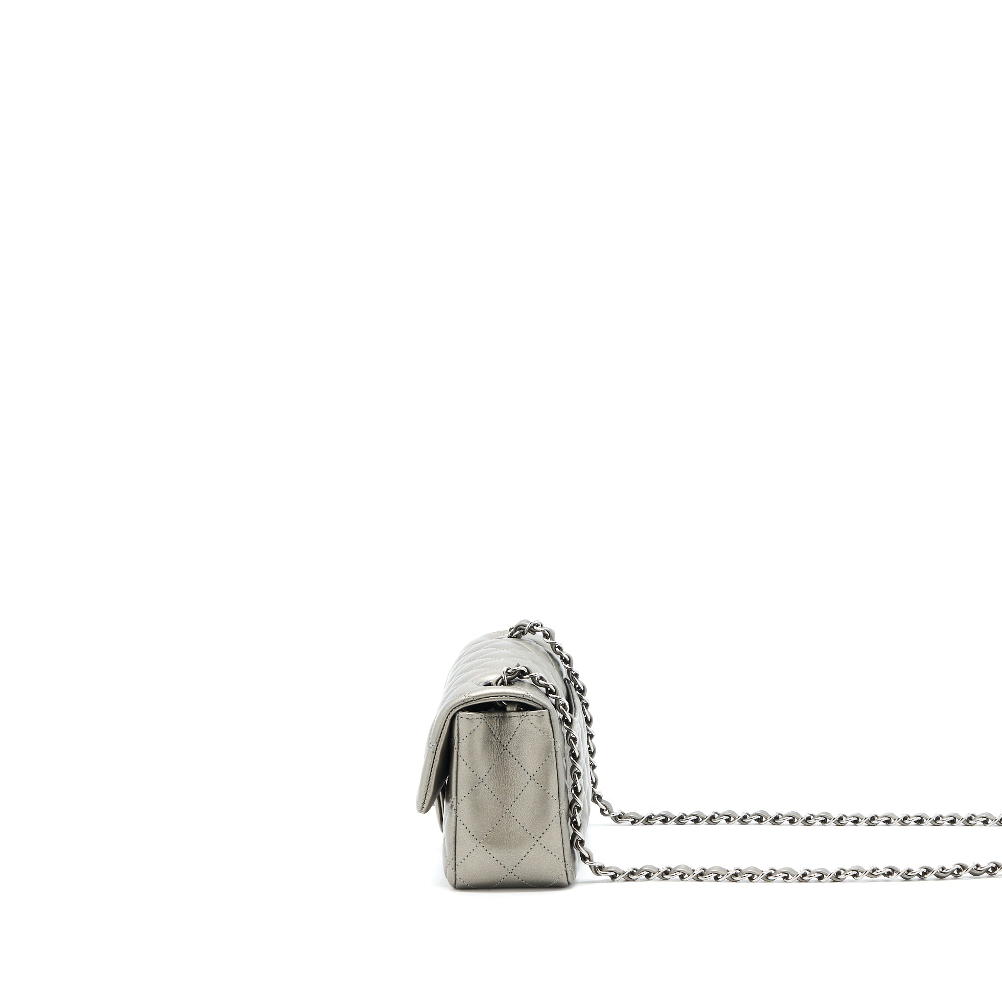 CHANEL 21B MINI RECTANGULAR FLAP BAG CALFSKIN METALLIC SILVER WITH SHINY RUTHENIUM HARDWARE (MICROCHIP)