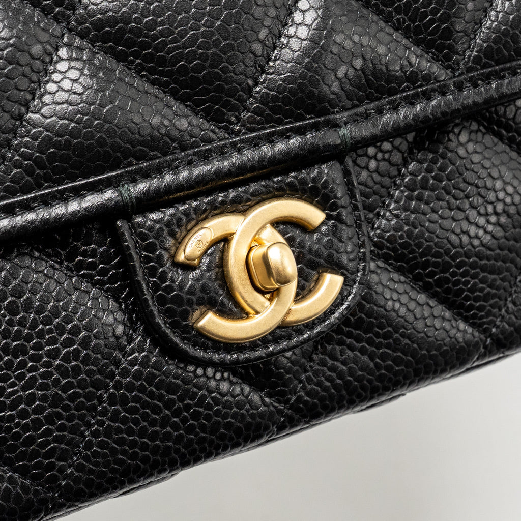 CHANEL TOP HANDLE QUILTED CC FLAP BAG GRAINED SHINY CALFSKIN BLACK GHW (MICROCHIP)
