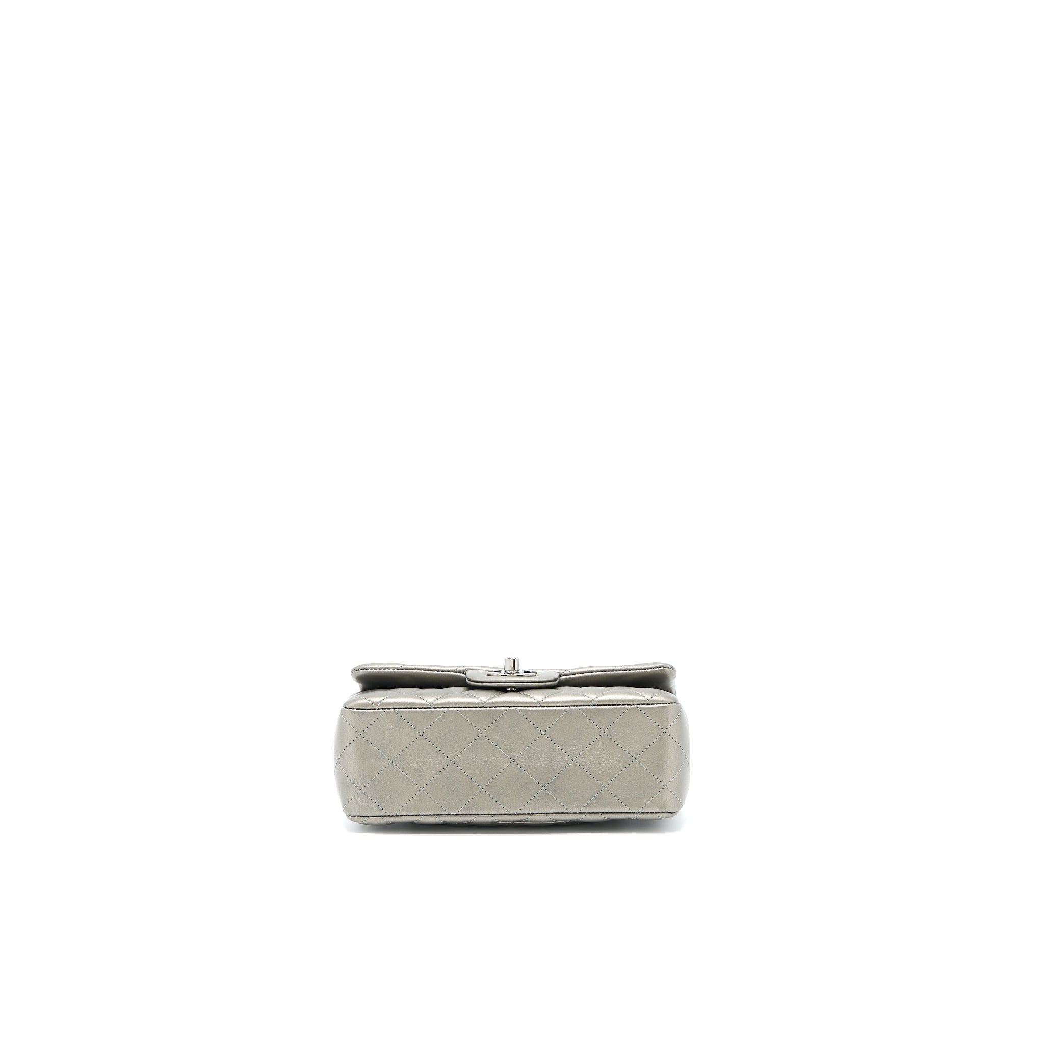 CHANEL 21B MINI RECTANGULAR FLAP BAG CALFSKIN METALLIC SILVER WITH SHINY RUTHENIUM HARDWARE (MICROCHIP)