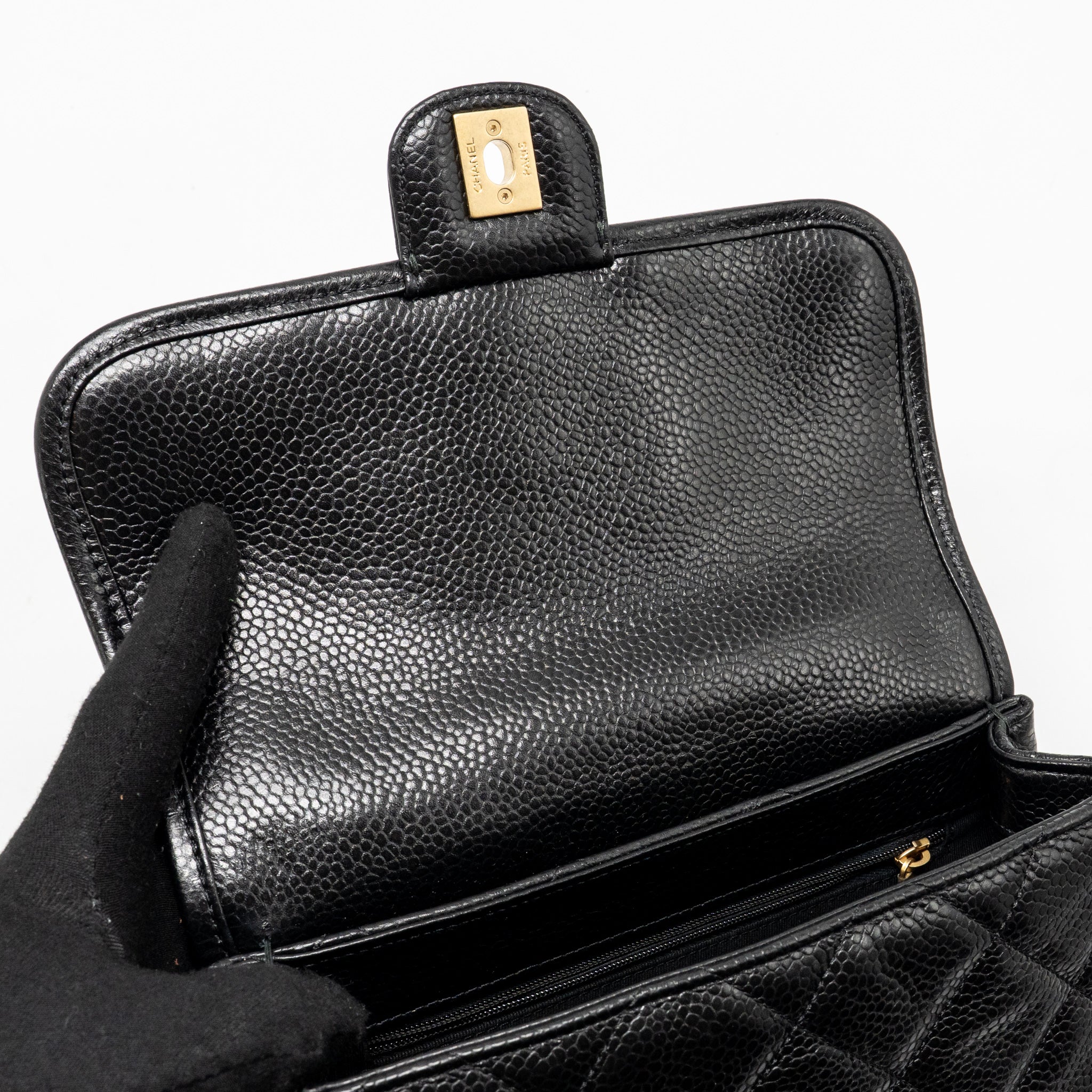 CHANEL TOP HANDLE QUILTED CC FLAP BAG GRAINED SHINY CALFSKIN BLACK GHW (MICROCHIP)