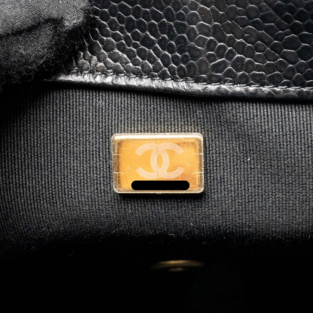 CHANEL TOP HANDLE QUILTED CC FLAP BAG GRAINED SHINY CALFSKIN BLACK GHW (MICROCHIP)