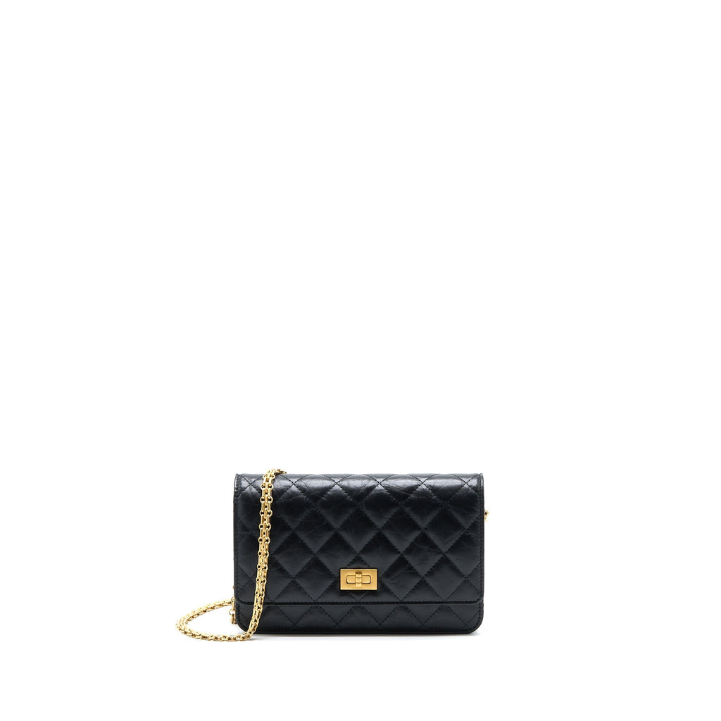 CHANEL 2.55 REISSUE WALLET ON CHAIN AGED CALFSKIN BLACK BRUSHED GHW (MICROCHIP)