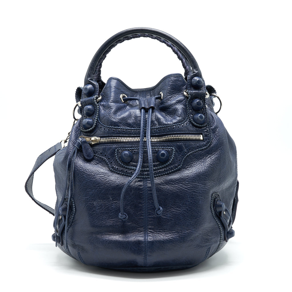 BALENCIAGA GIANT POMPON BUCKET BAG NAVY