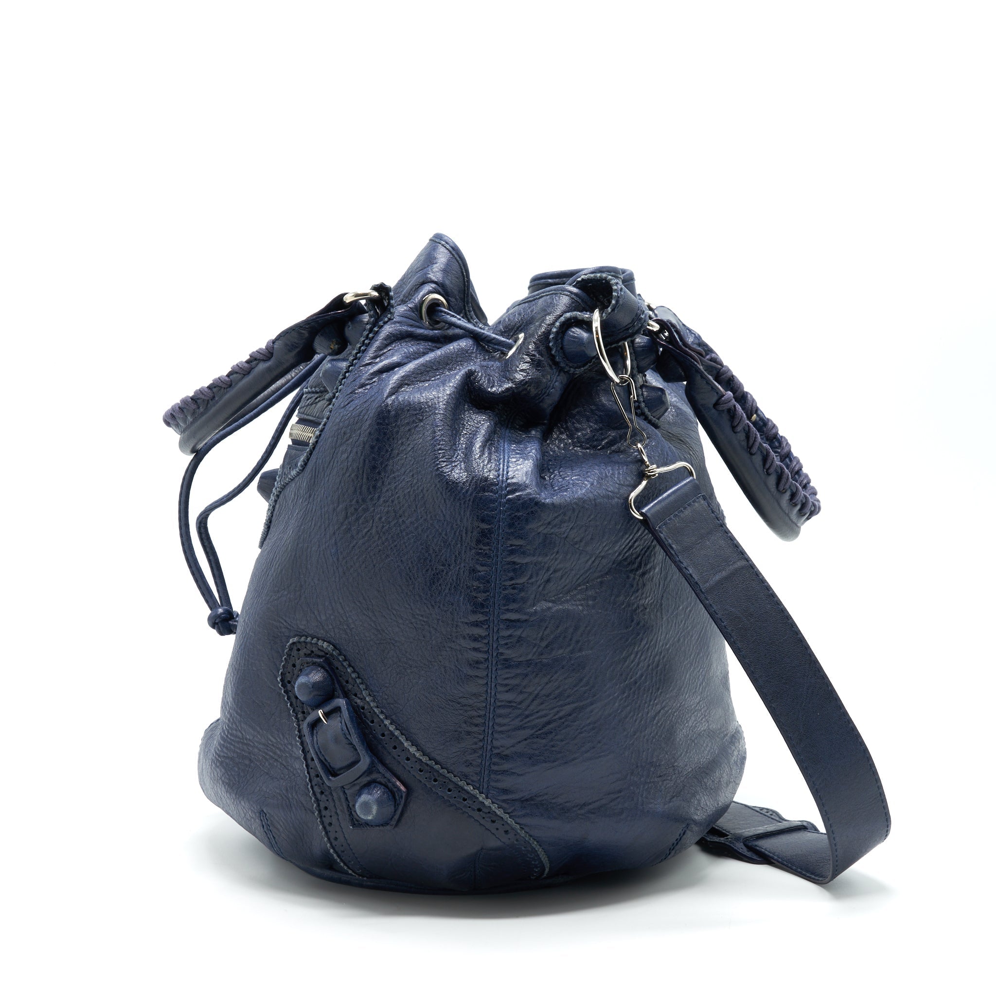 BALENCIAGA GIANT POMPON BUCKET BAG NAVY