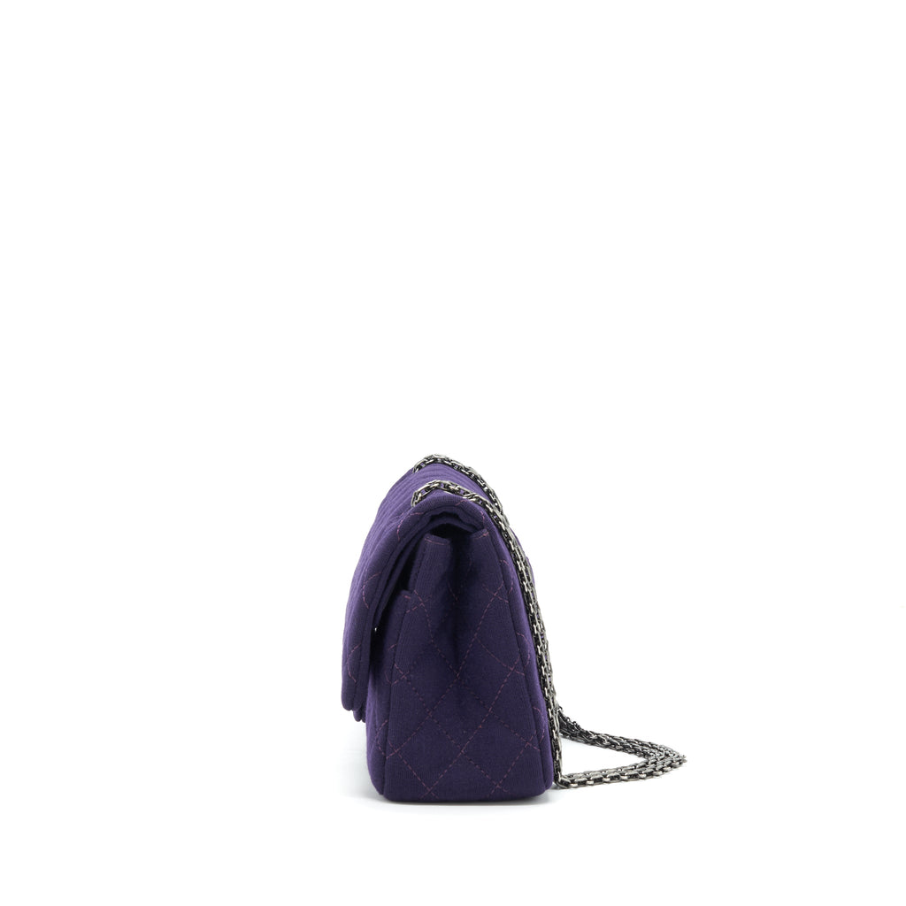 CHANEL 2.55 REISSUE 226 DOUBLE FLAP BAG FABRIC PURPLE RUTHENIUM SLIVER HARDWARE