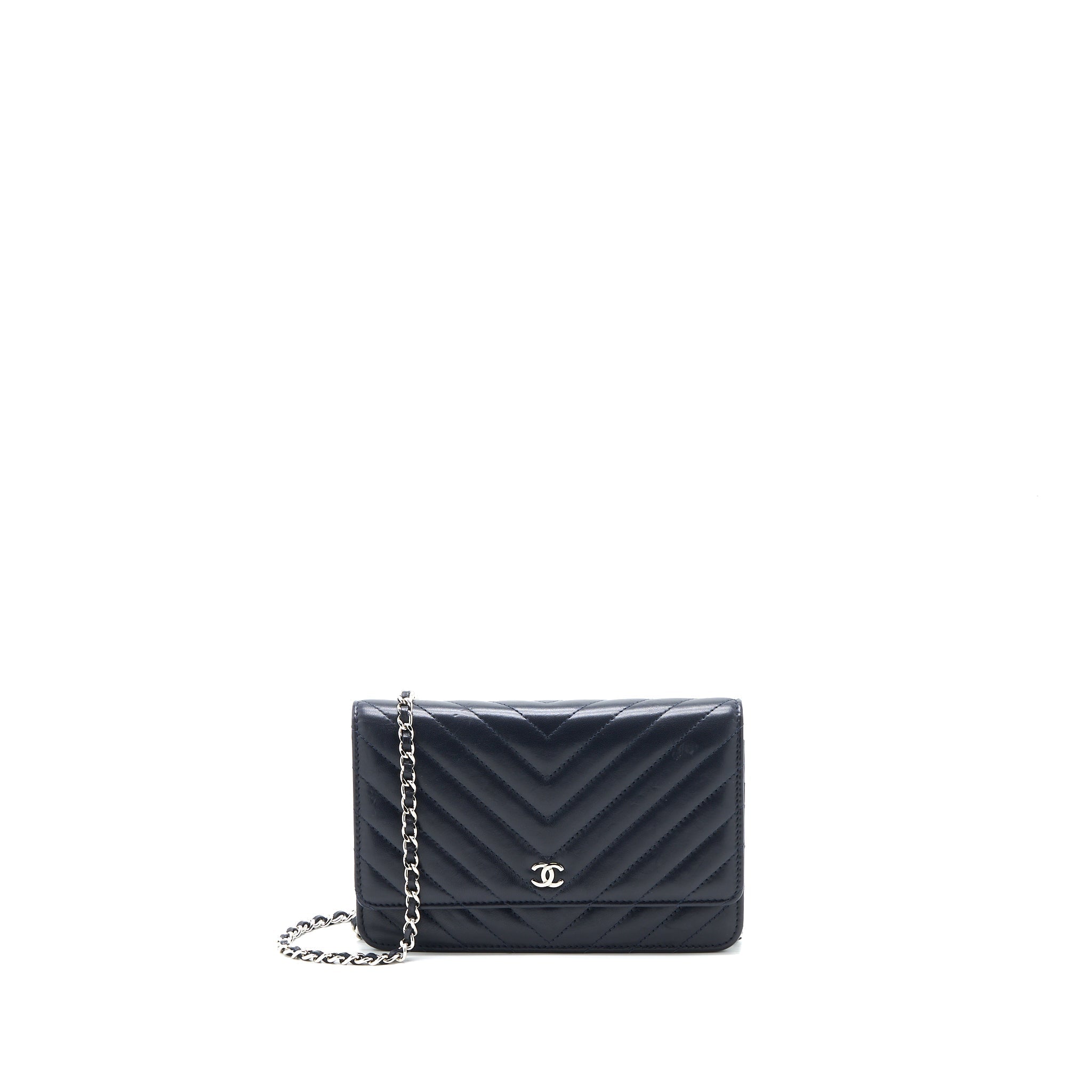 CHANEL WALLET ON CHAIN CHEVRON LAMBSKIN NAVY SHW