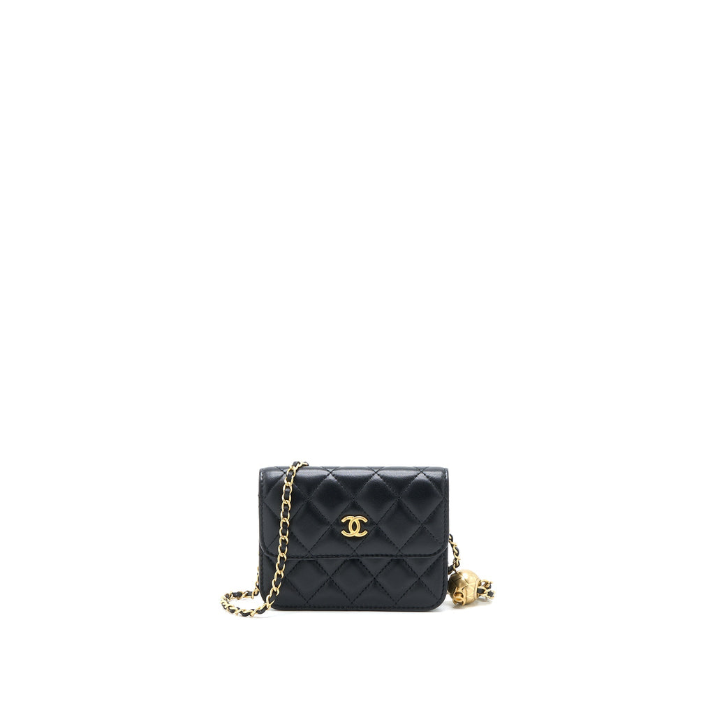 CHANEL PEARL CRUSH MINI FLAP BELT BAG WITH CHAIN LAMBSKIN BLACK BRUSHED GHW