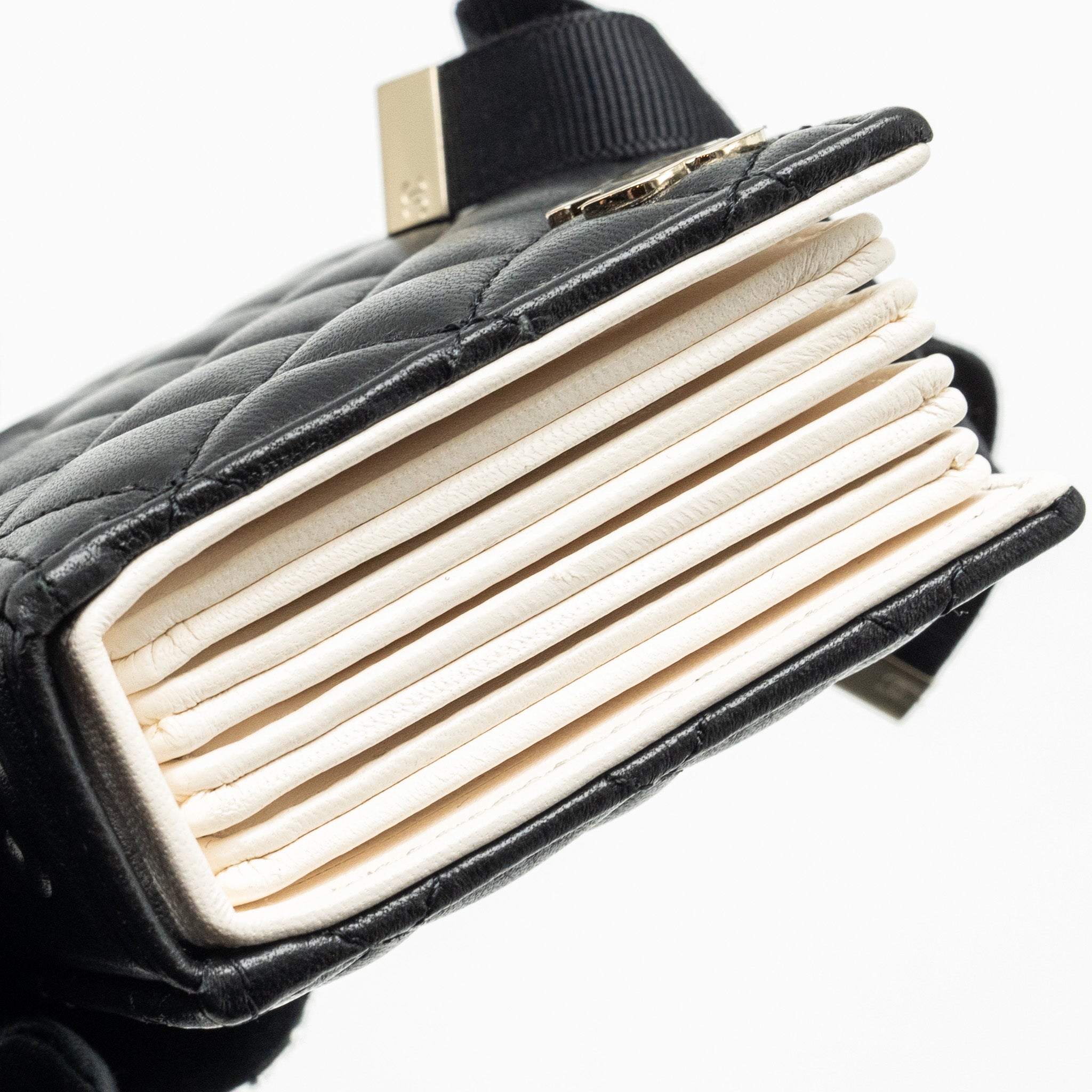 CHANEL MINI BOOK CARD HOLDER WITH CHAIN LAMBSKIN BLACK LGHW (MICROCHIP)