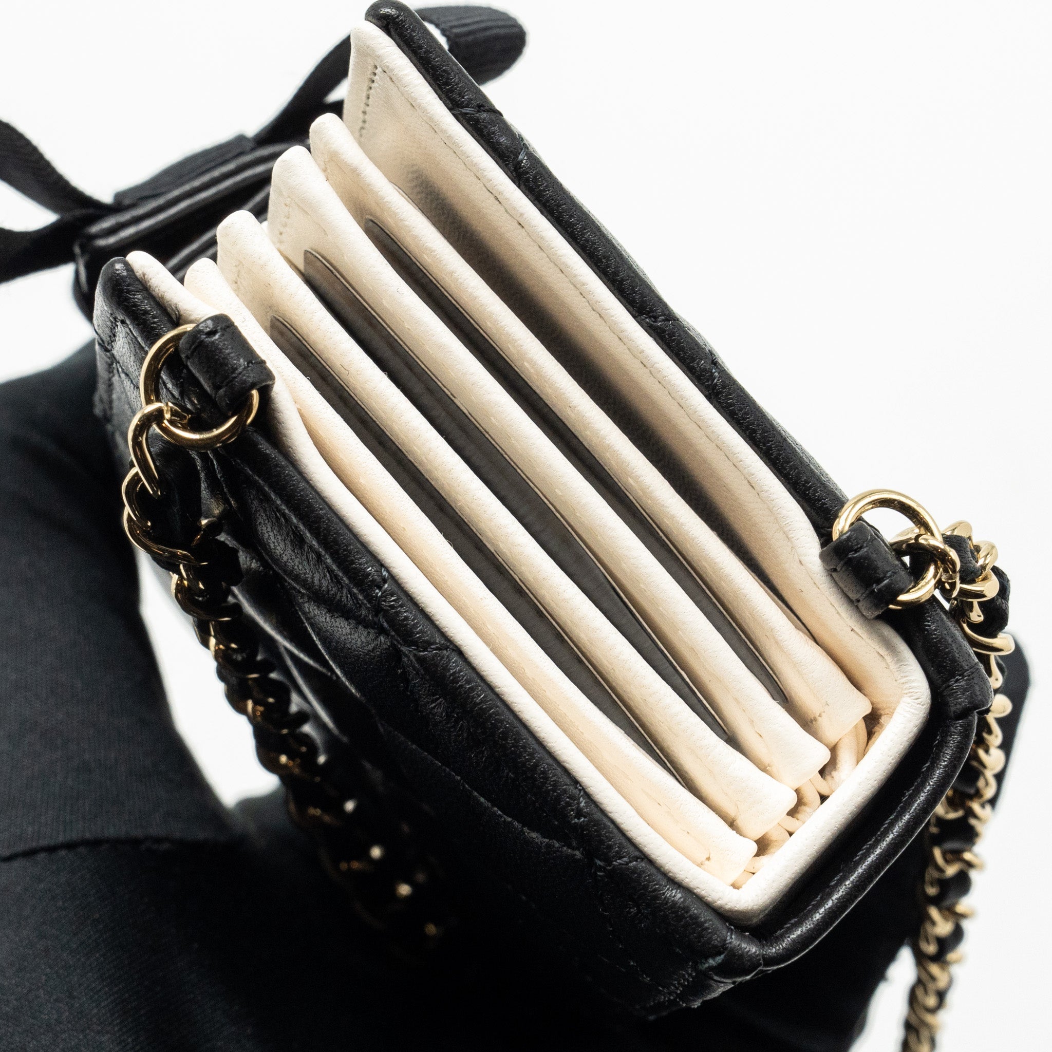 CHANEL MINI BOOK CARD HOLDER WITH CHAIN LAMBSKIN BLACK LGHW (MICROCHIP)