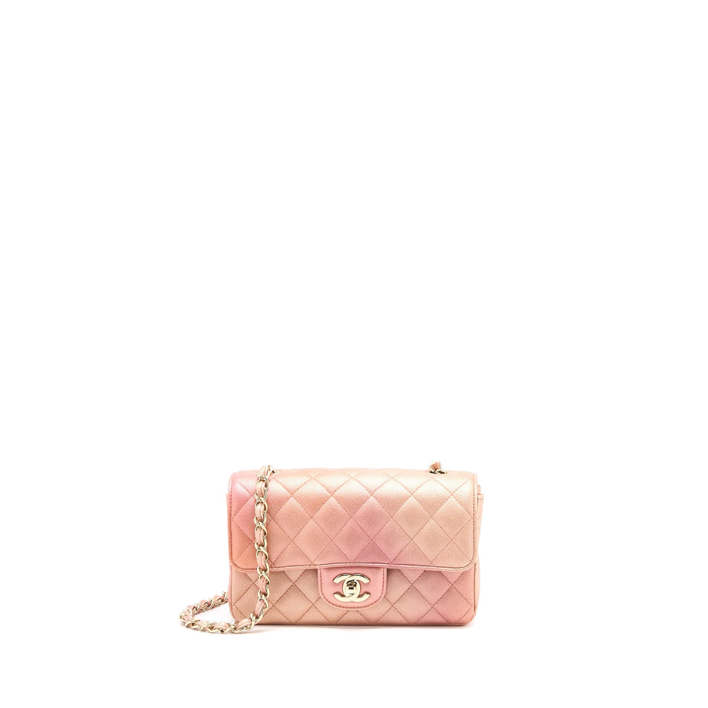 CHANEL 21S MINI RECTANGULAR FLAP BAG METALLIC GRAINED LAMBSKIN OMBRÉ ROSE GOLD LGHW